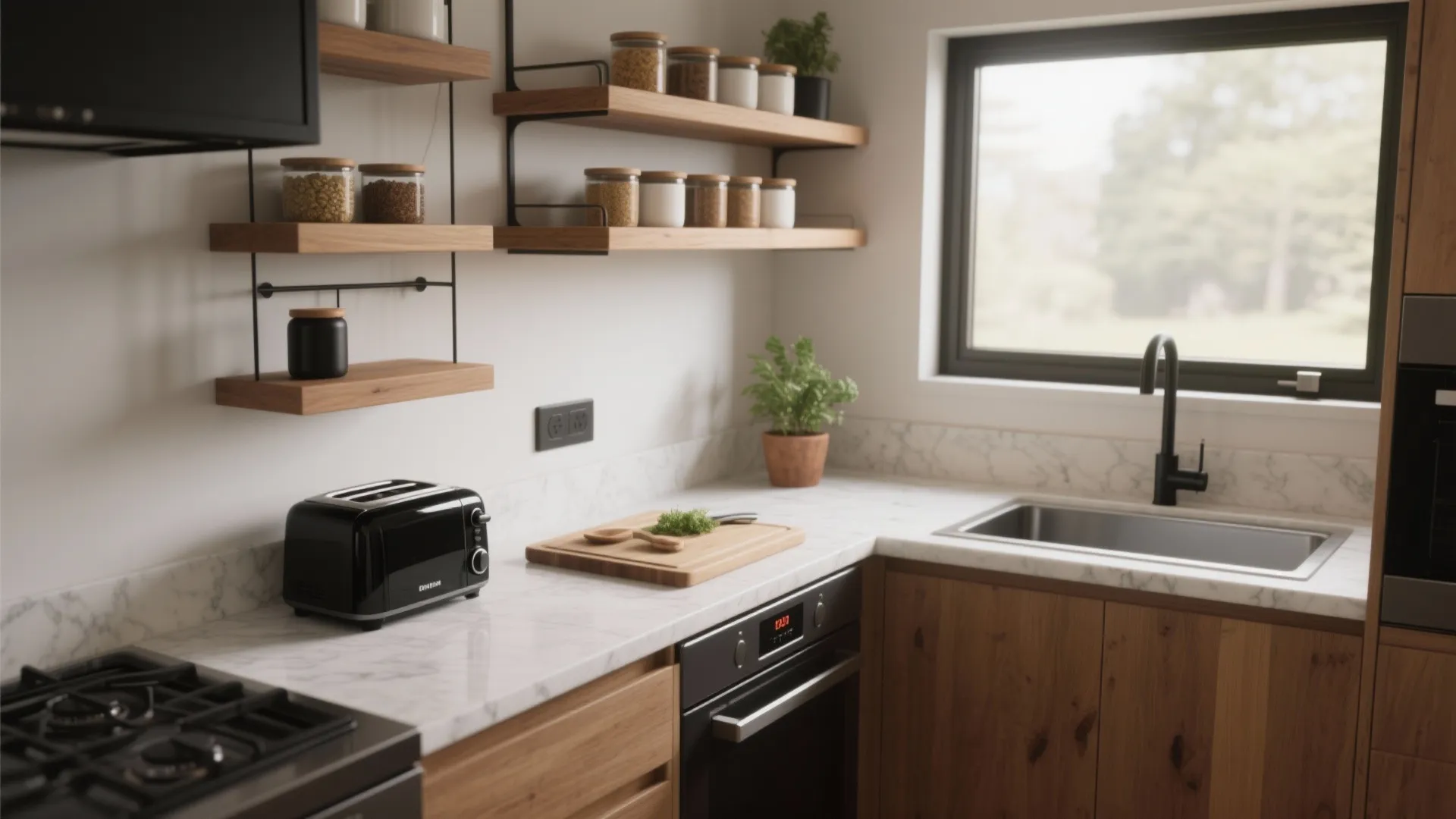 Small modern kitchen interior with wooden cabinets black toaster open wall shelves and stainless steel sink