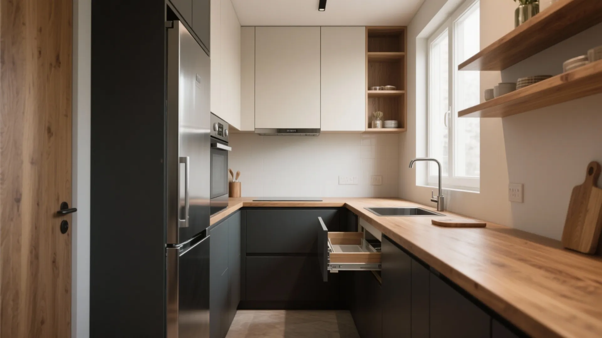 Small modern kitchen with black cabinets wooden countertops stainless steel fridge and open wood shelves