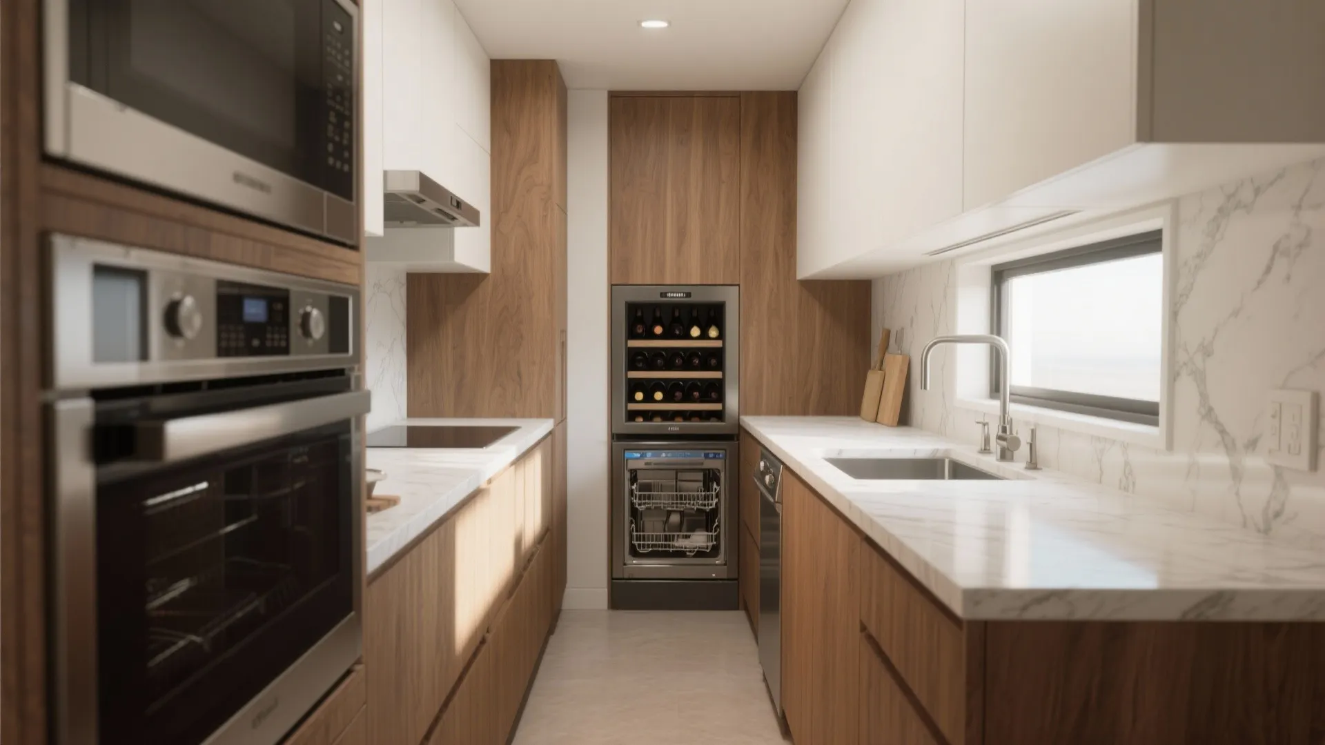 Modern galley kitchen with wood cabinets marble countertops wine cooler stainless appliances and bright natural light
