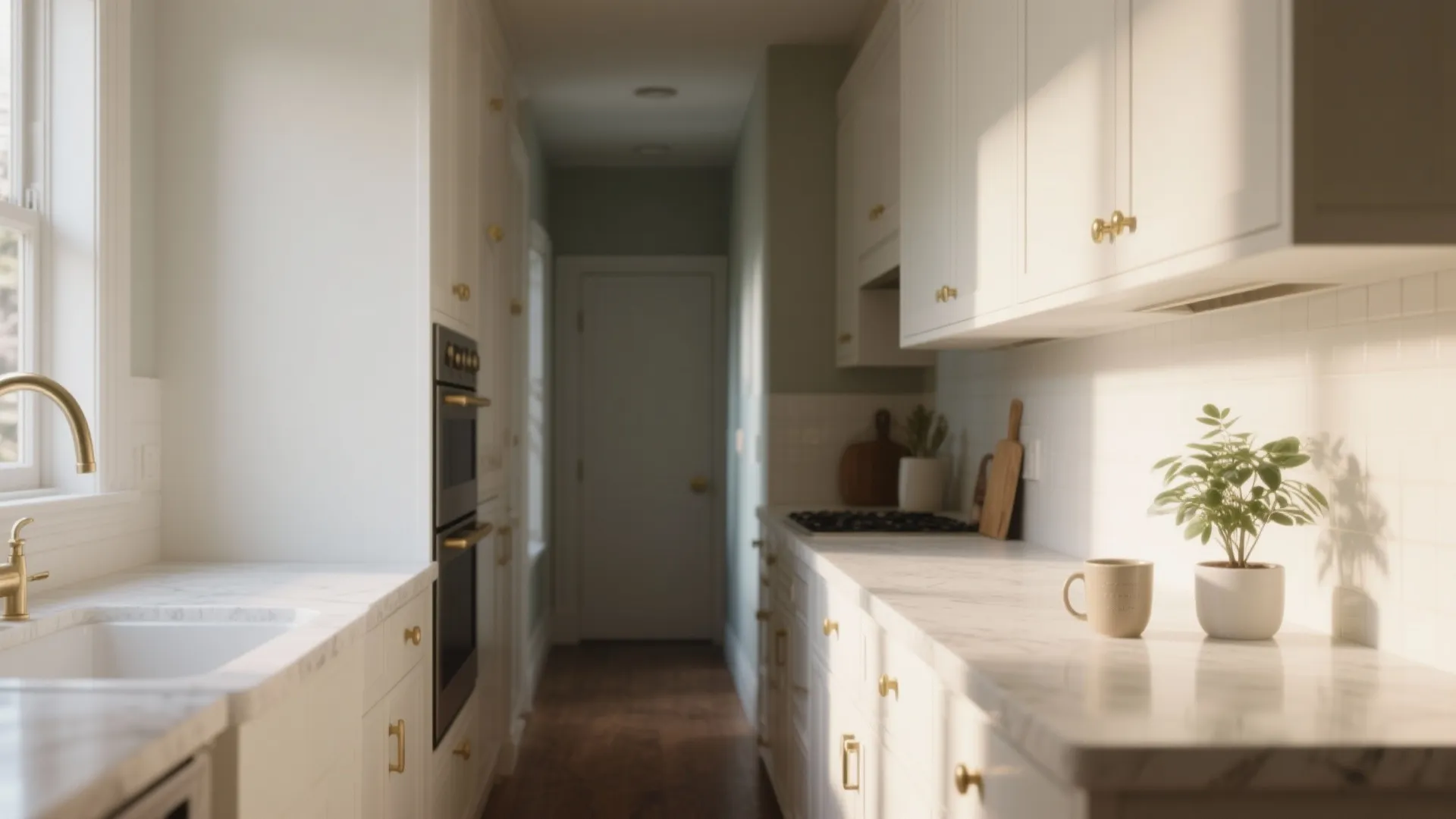Bright narrow kitchen with white cabinets marble countertop gold hardware small green plant and morning sunlight