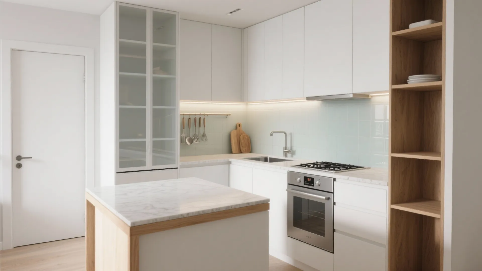 Modern white kitchen with marble island wooden cabinets glass door cupboard oven and under cabinet lighting