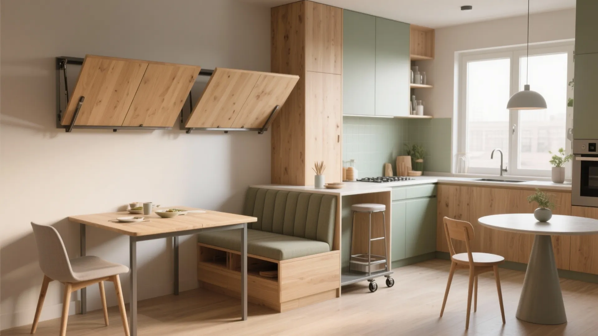 Modern small kitchen with green cabinets wood furniture fold down table and natural window light