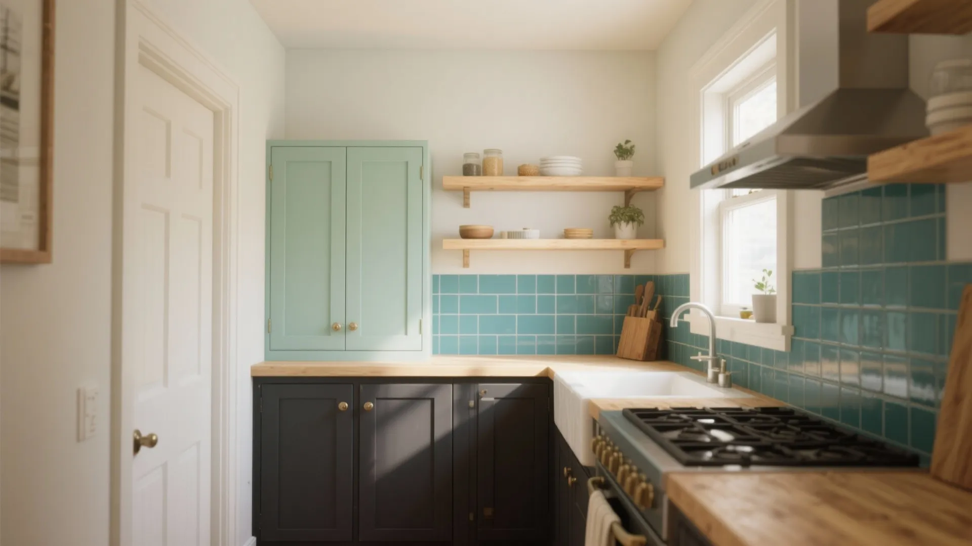 Small kitchen with teal wall tiles black lower cabinets light green wall cabinet and wooden shelves