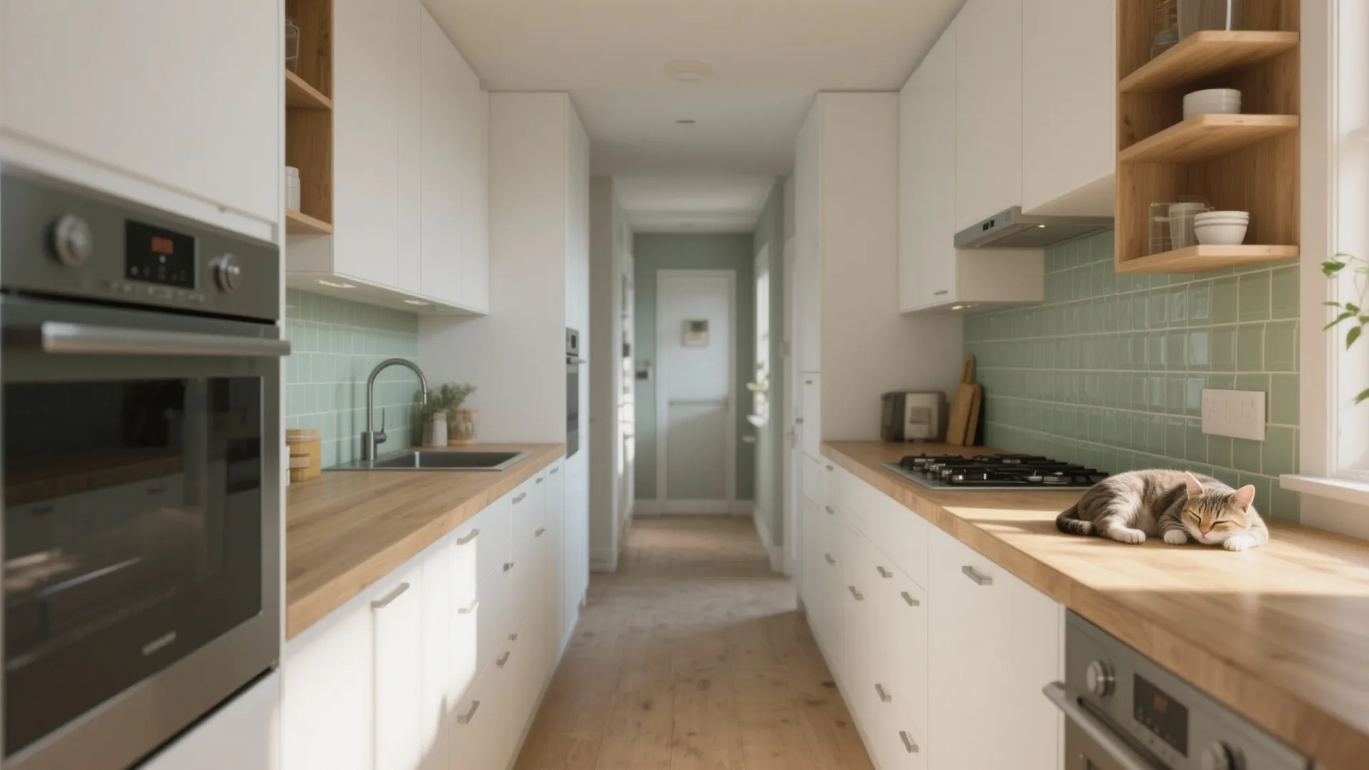 Modern narrow kitchen with white cabinets wood countertops green tile backsplash and a sleeping cat
