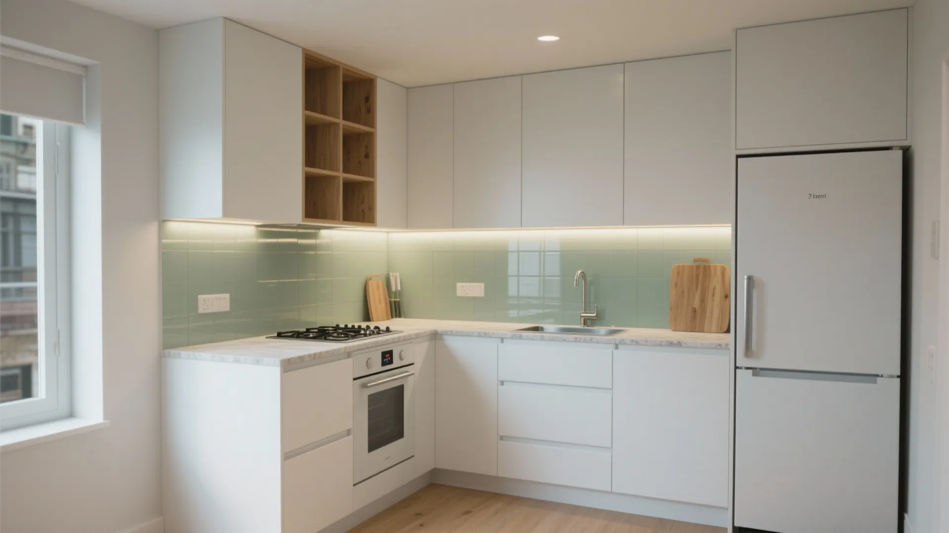 Small white l-shaped kitchen with green wall tiles oven fridge and light wood floor design