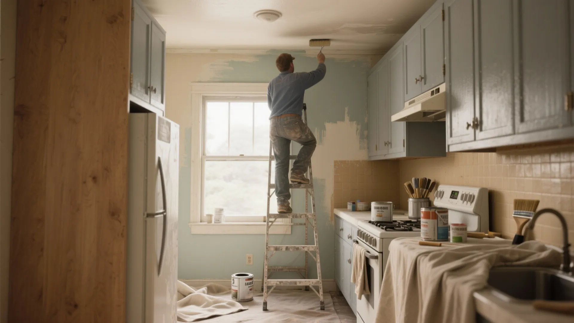 Painter on ladder applying light blue paint to kitchen walls and ceiling near white cabinets