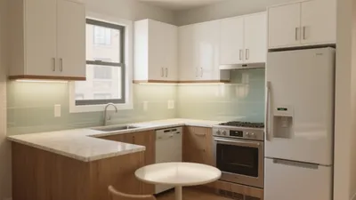 Modern L-Shaped Kitchen with Mint Tile Backsplash & Wood Accents