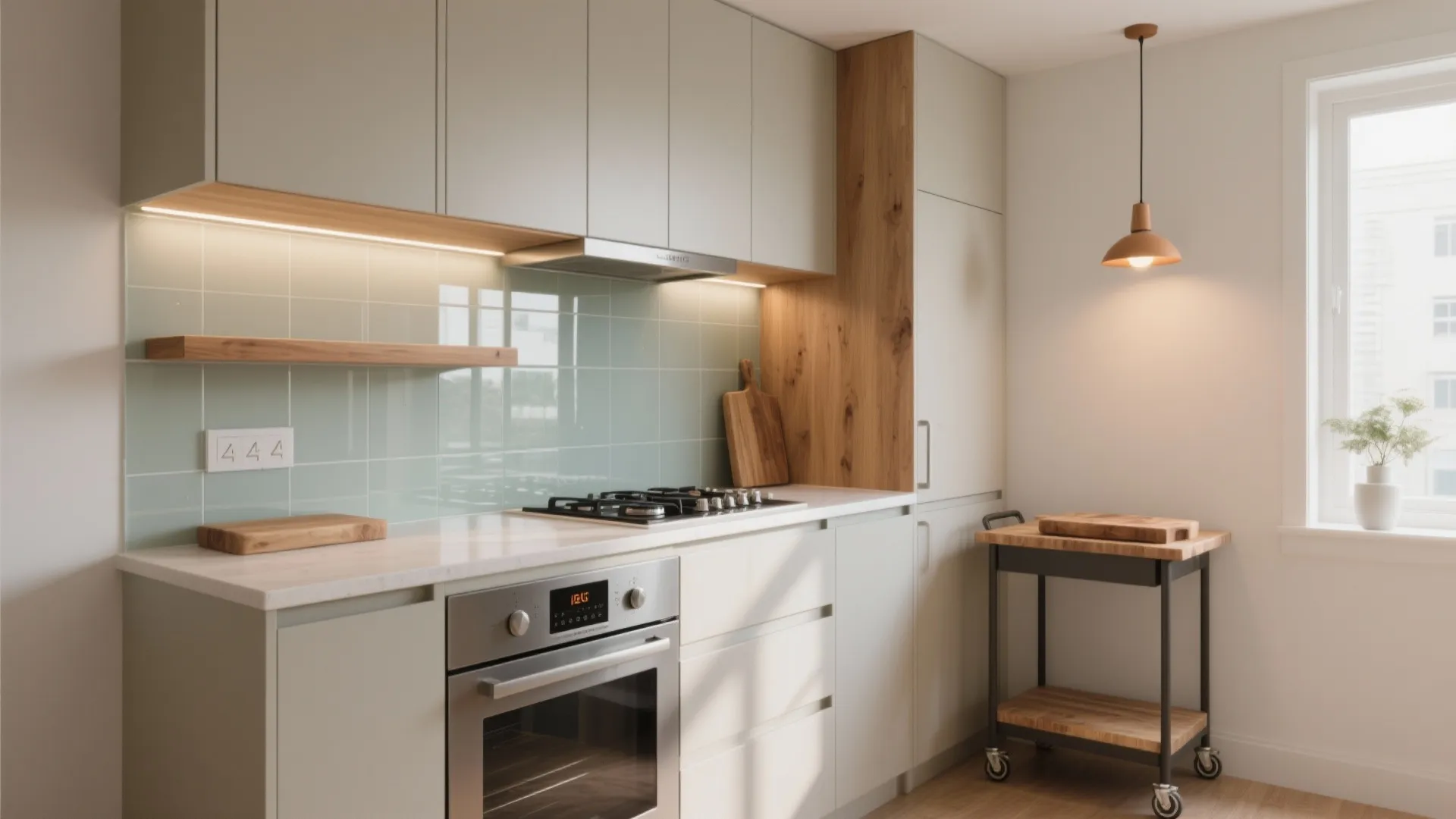 Small modern kitchen with light green tile backsplash grey cabinets wood accents and mobile cart