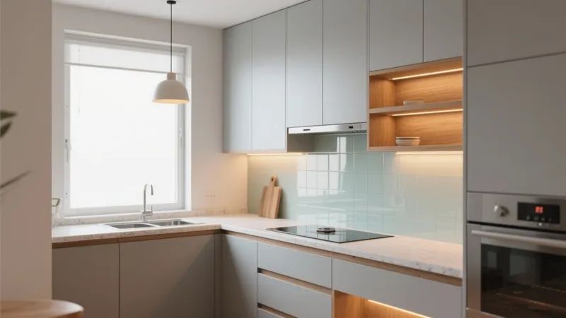 Modern L-Shaped Kitchen with Soft Green Tiles & Warm Wood Accents