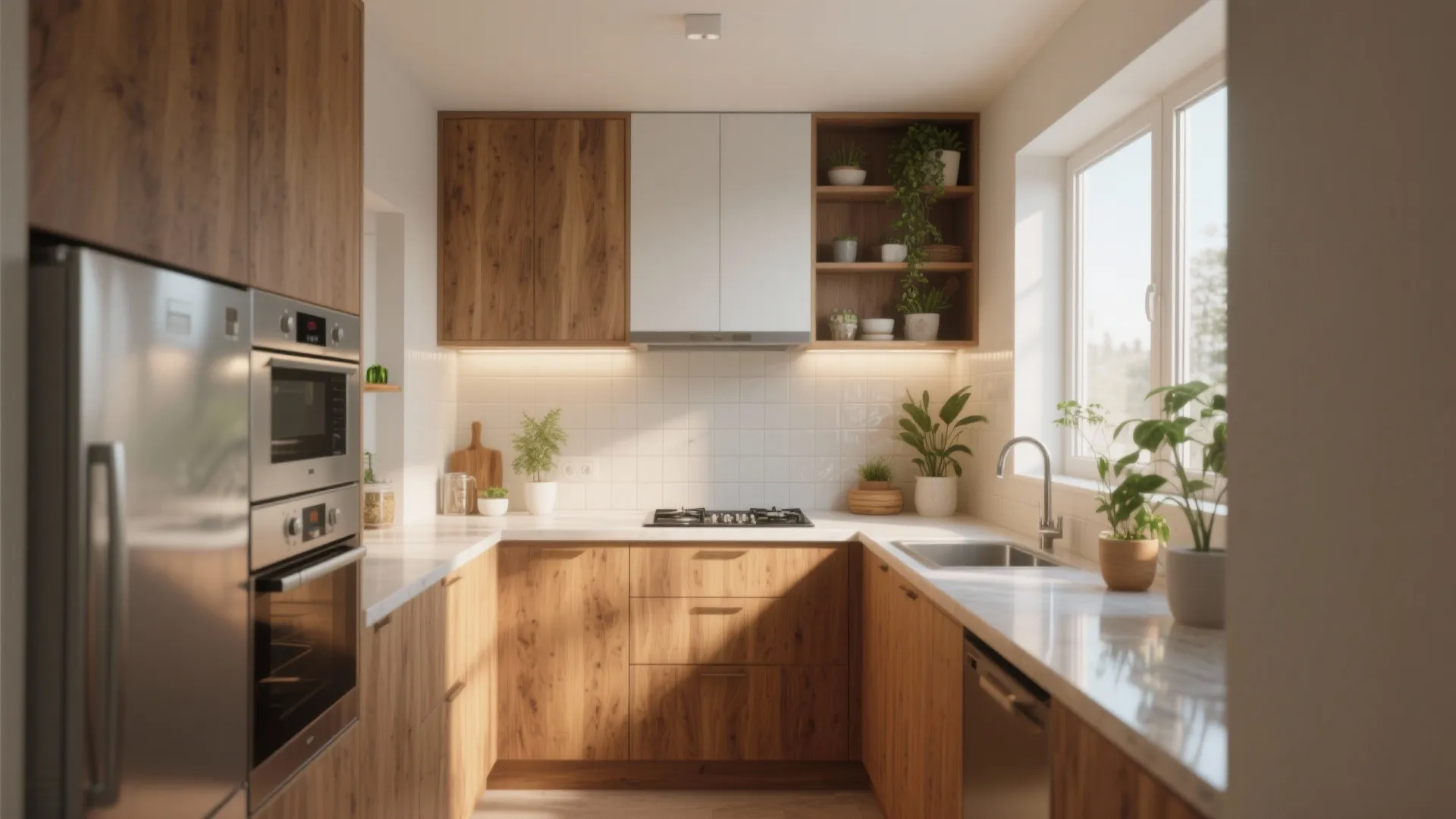 Small u shaped kitchen design with wood cabinets white countertops green plants and natural light