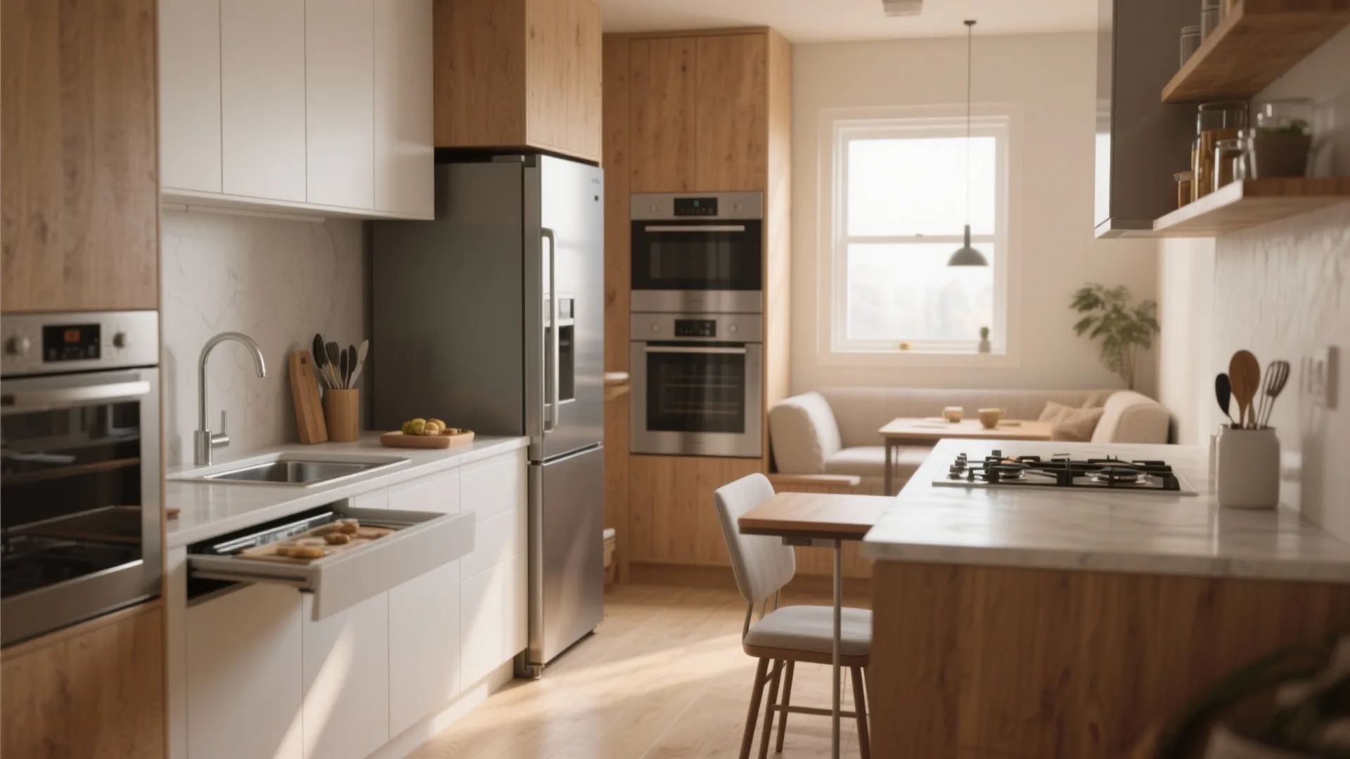 Bright wood kitchen featuring an island white countertops built-in ovens and a cozy dining area