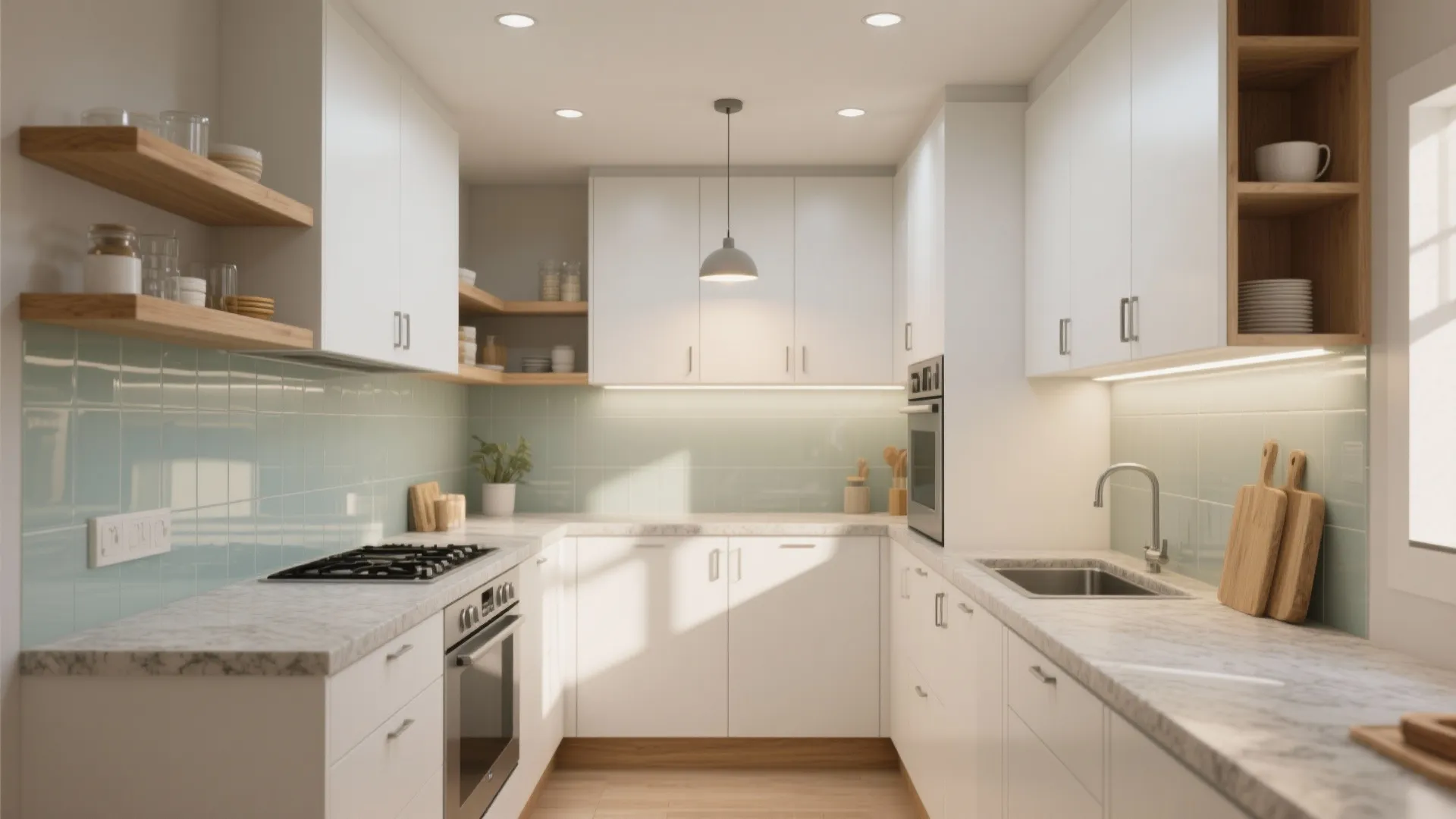 Bright small kitchen with white cabinets and wooden shelves plus marble countertops and green tiles