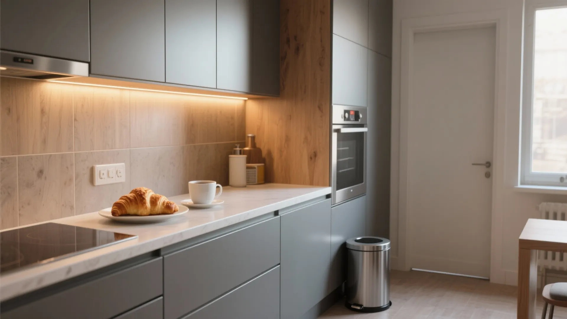Modern grey kitchen cabinets with wood backsplash under cabinet lighting coffee cup croissant and bin