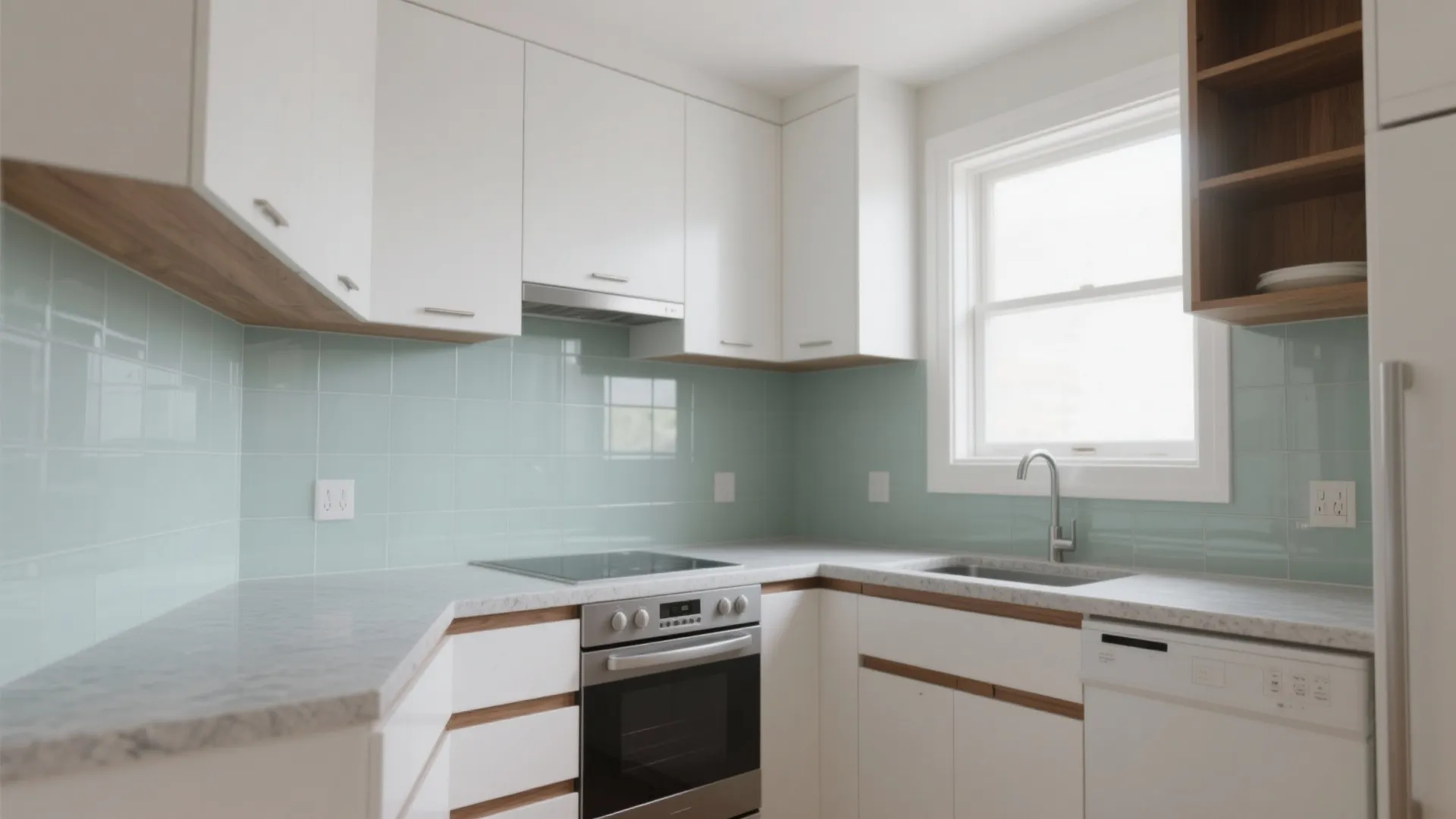 Modern small kitchen with white cabinets light blue wall tiles oven sink and bright window view