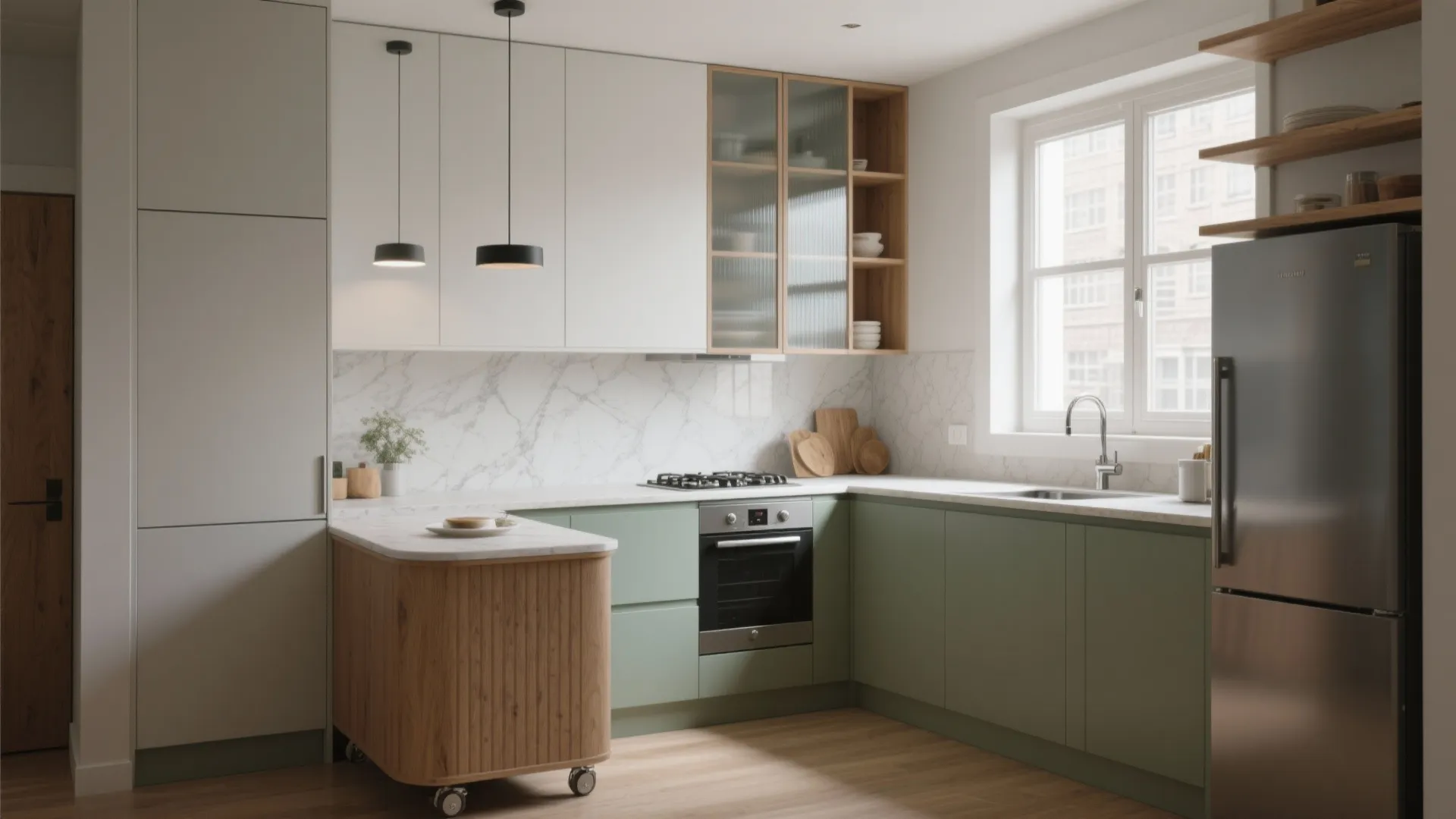 Modern L shaped kitchen with green lower cabinets white upper cabinets wooden island and marble backsplash