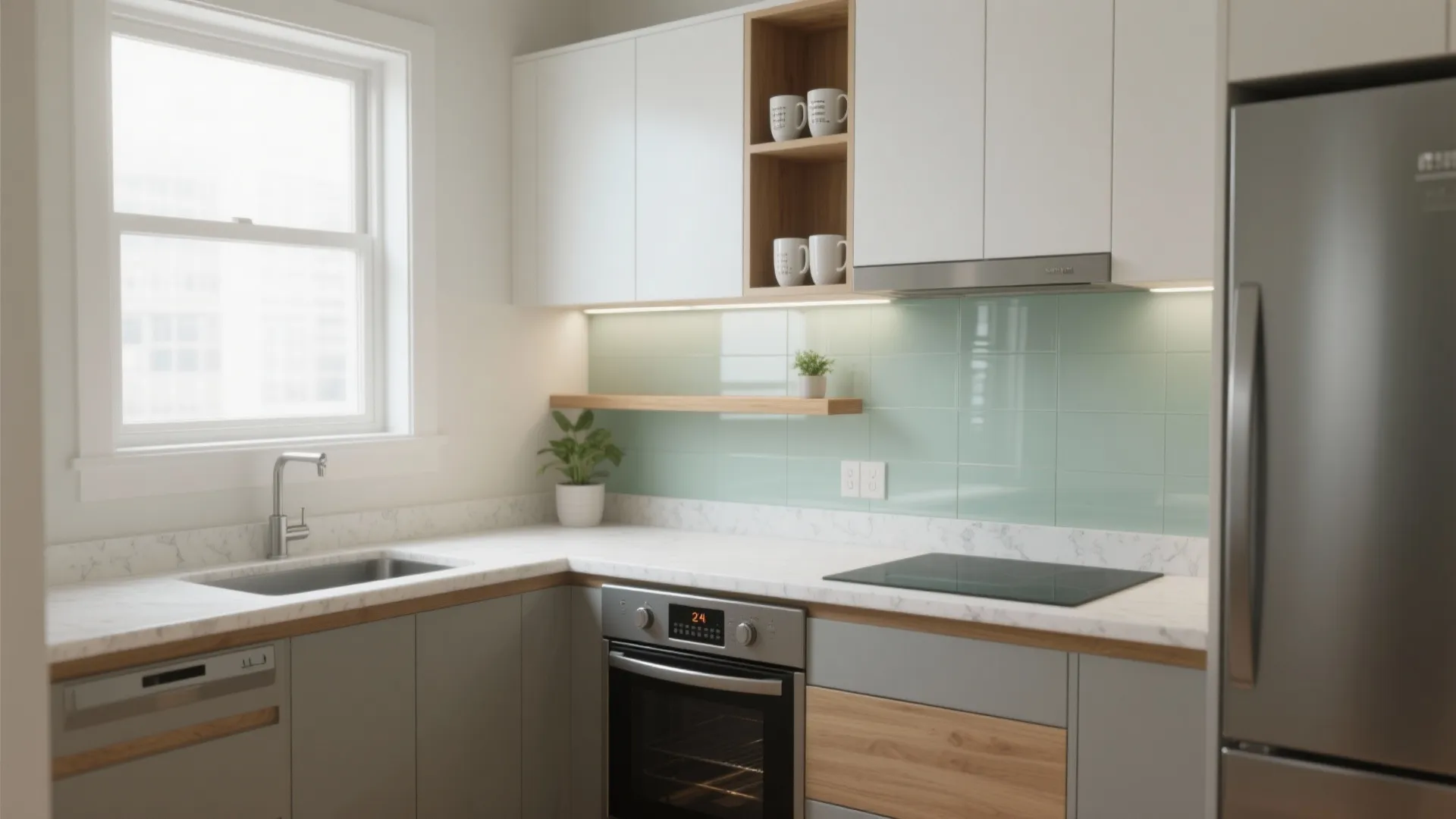 Modern small kitchen with white cabinets light green wall tiles marble countertop and silver oven