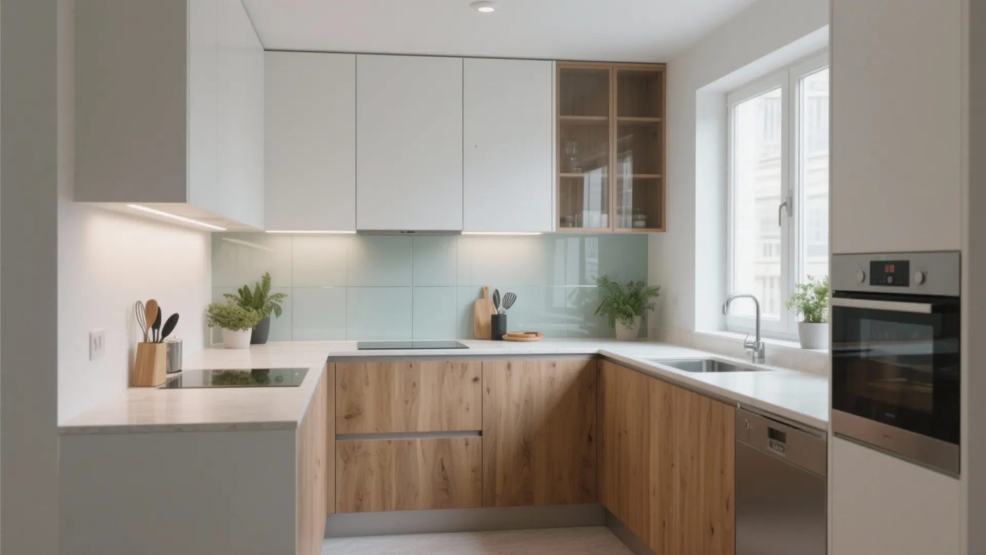 Modern L shaped kitchen with white cabinets light blue tiles wooden lower cabinets and white countertops
