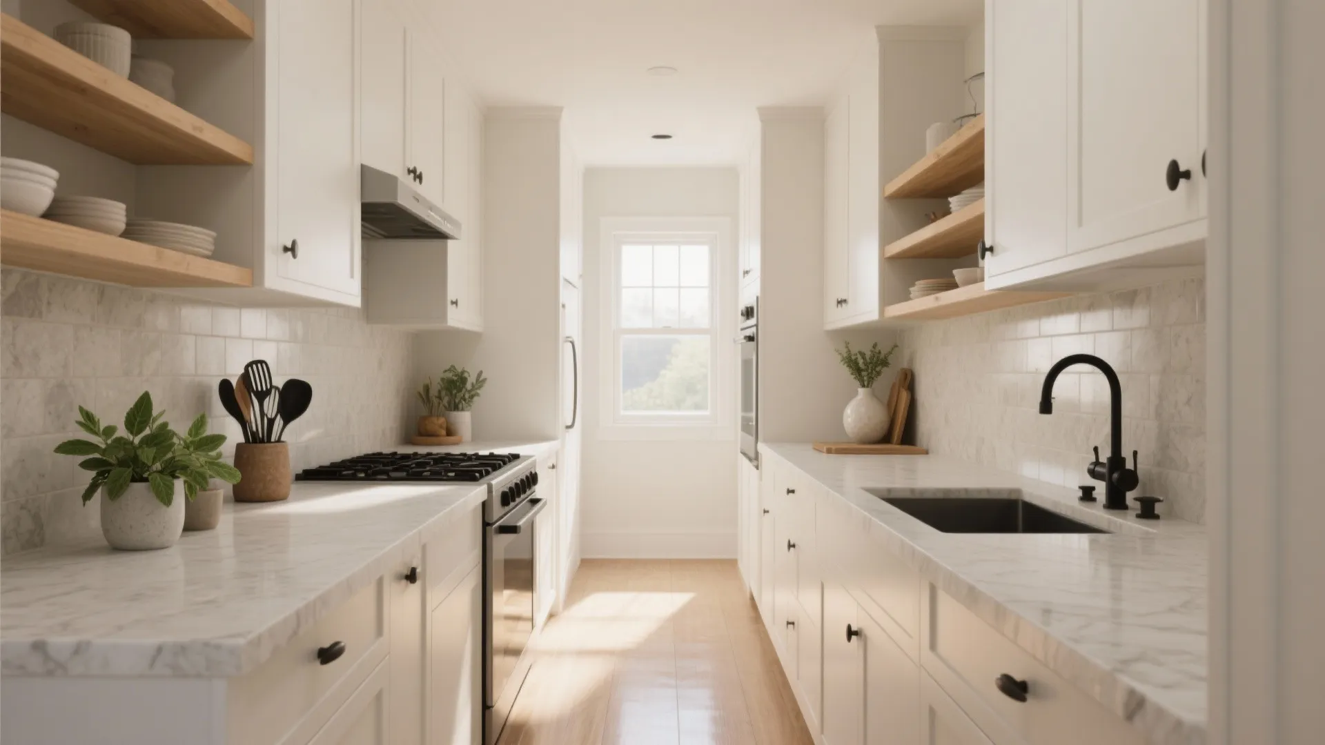 Narrow kitchen with white cabinets marble counters wood shelves gas stove sink and a window view