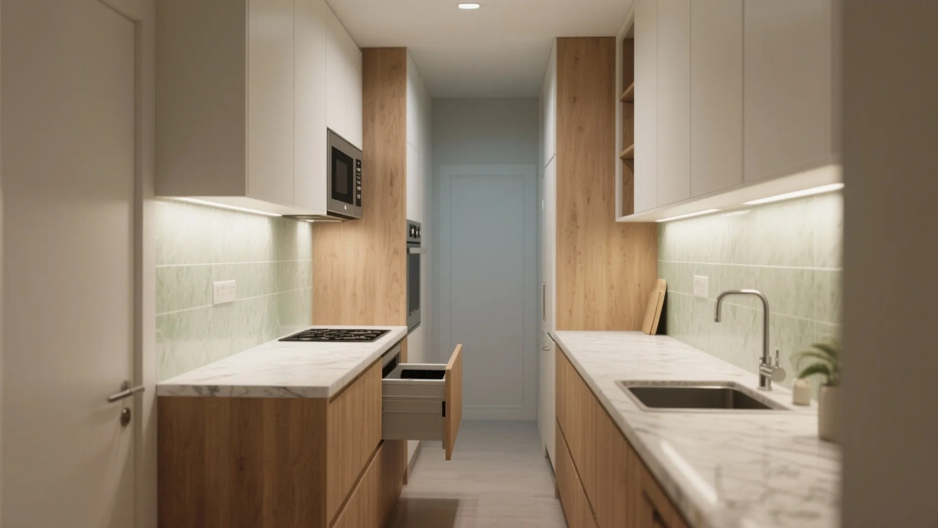 Modern small galley kitchen with wooden cabinets white marble countertops and green tiled back splash walls