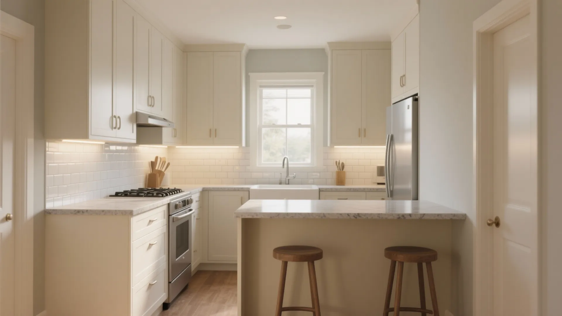 Cream kitchen with white tiles marble countertops two wood stools and under cabinet lighting design layout