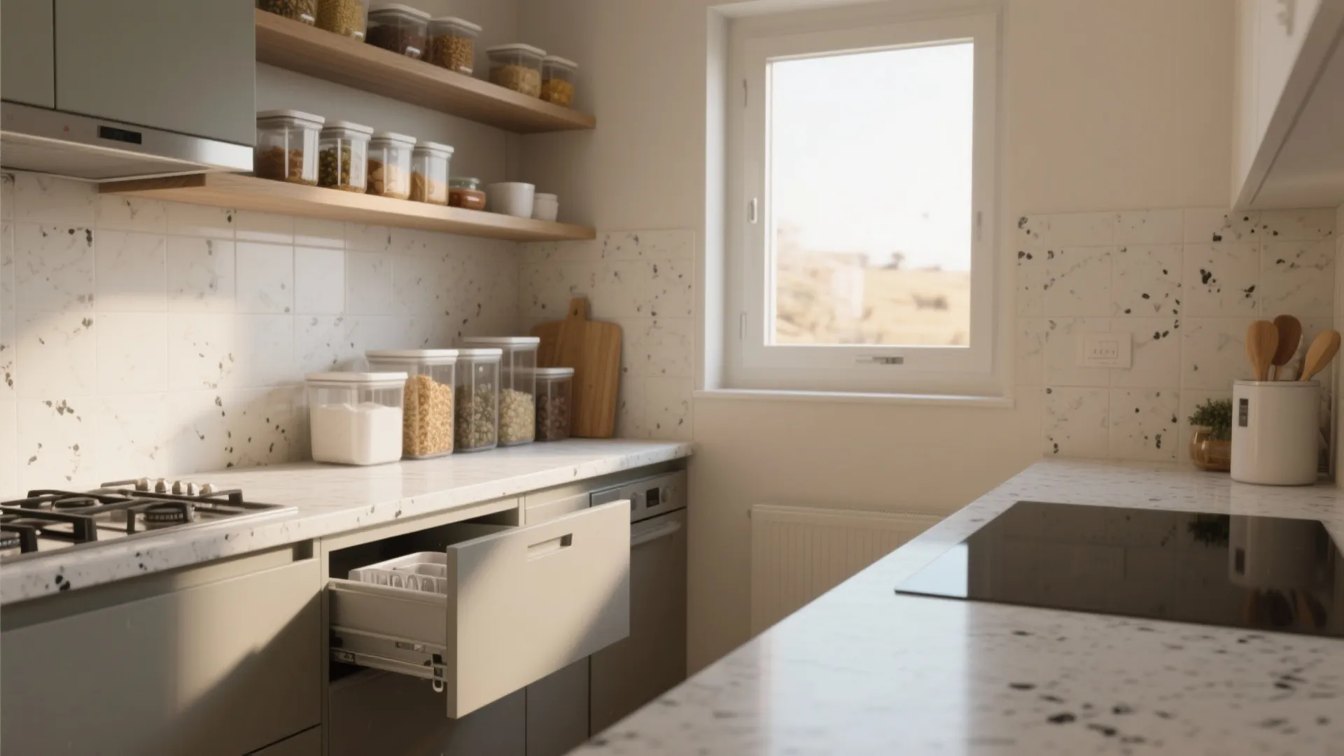 Small modern kitchen with open wood shelves and jars of food on a white countertop