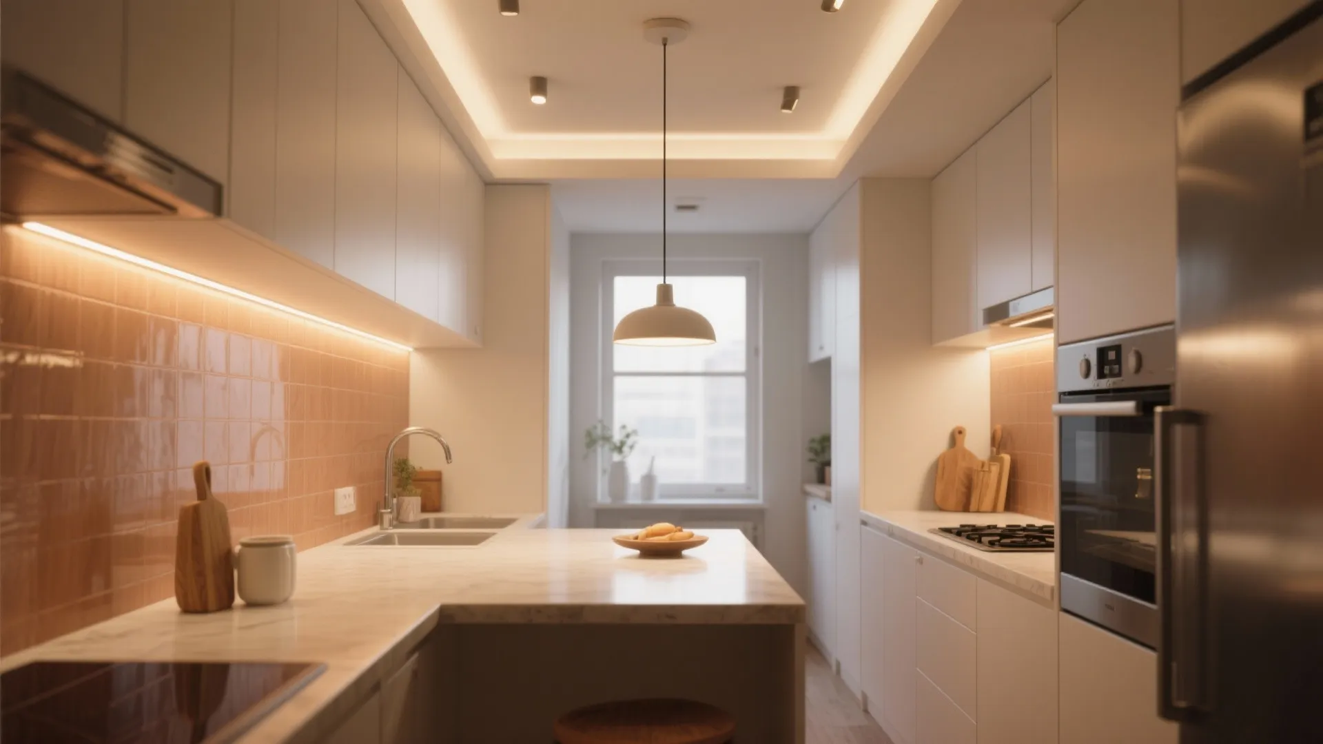 Modern small kitchen with white cabinets warm ceiling light marble countertop sink and a refrigerator