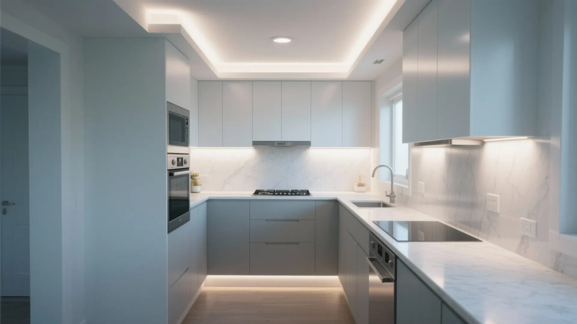Modern small kitchen featuring white and grey cabinets with marble walls and bright ceiling light
