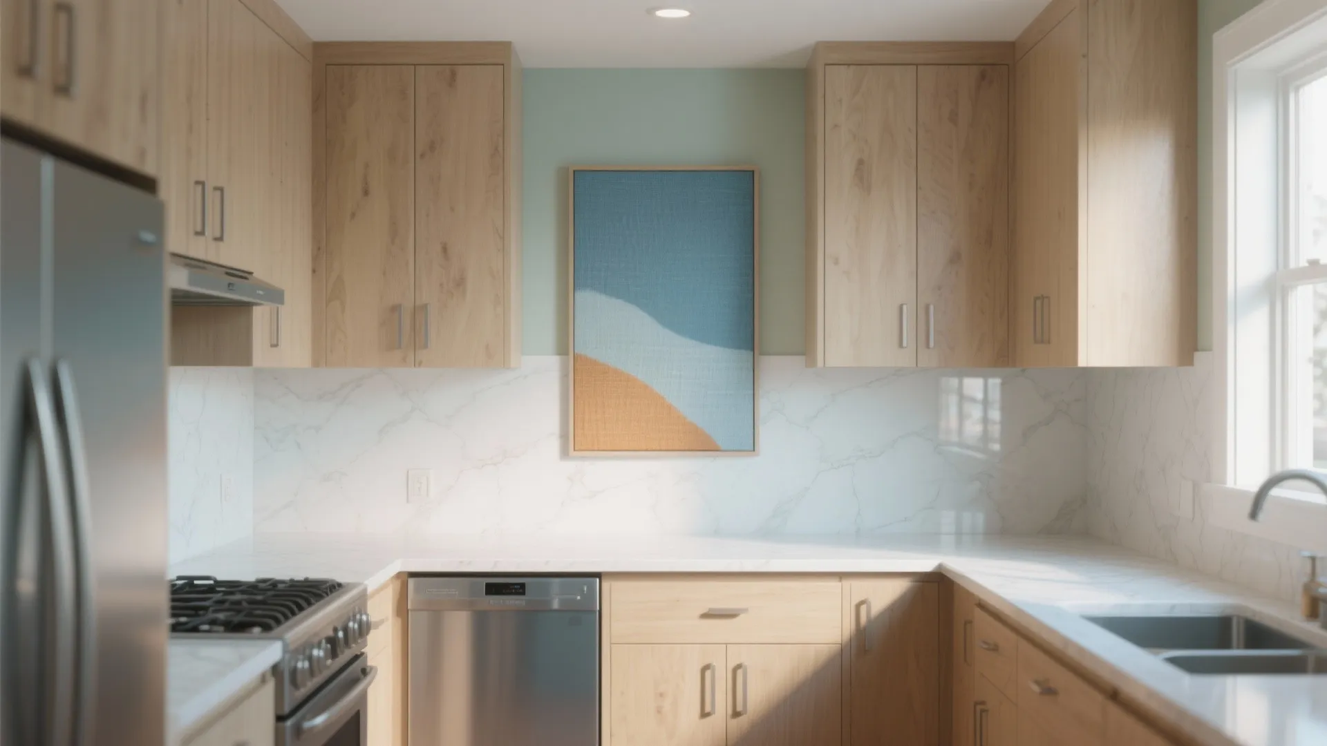 Small kitchen with light wood cabinets white marble countertop stainless steel appliances and blue wall art