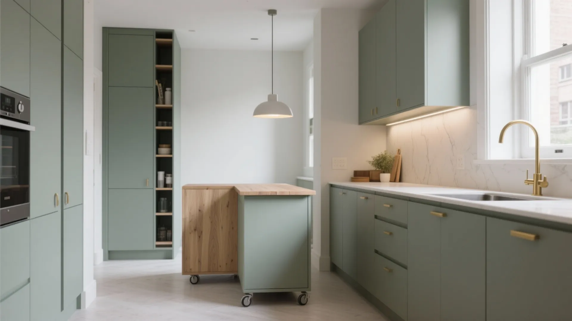 Modern kitchen with green cabinets white walls gold faucet and a mobile wood kitchen island