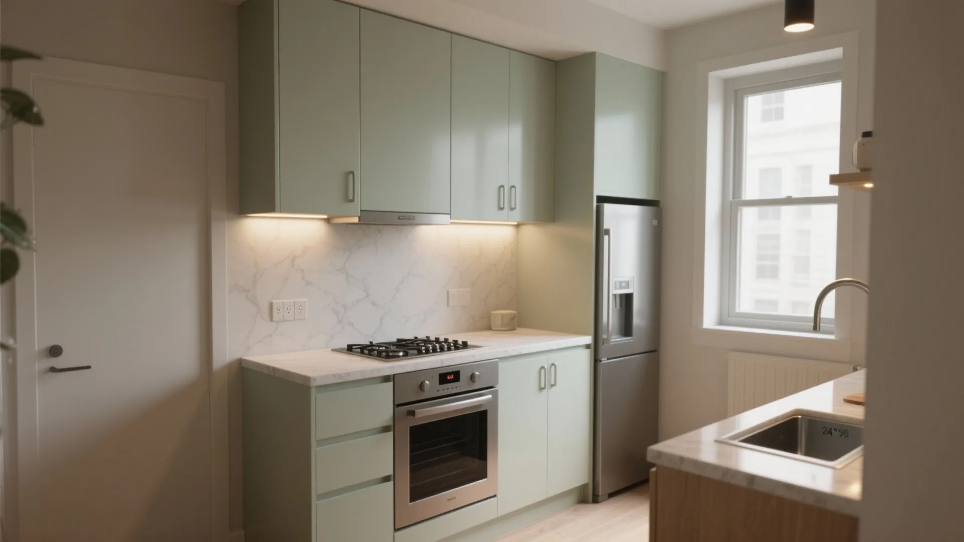 Modern small kitchen with light green cabinets marble backsplash silver fridge oven and window light