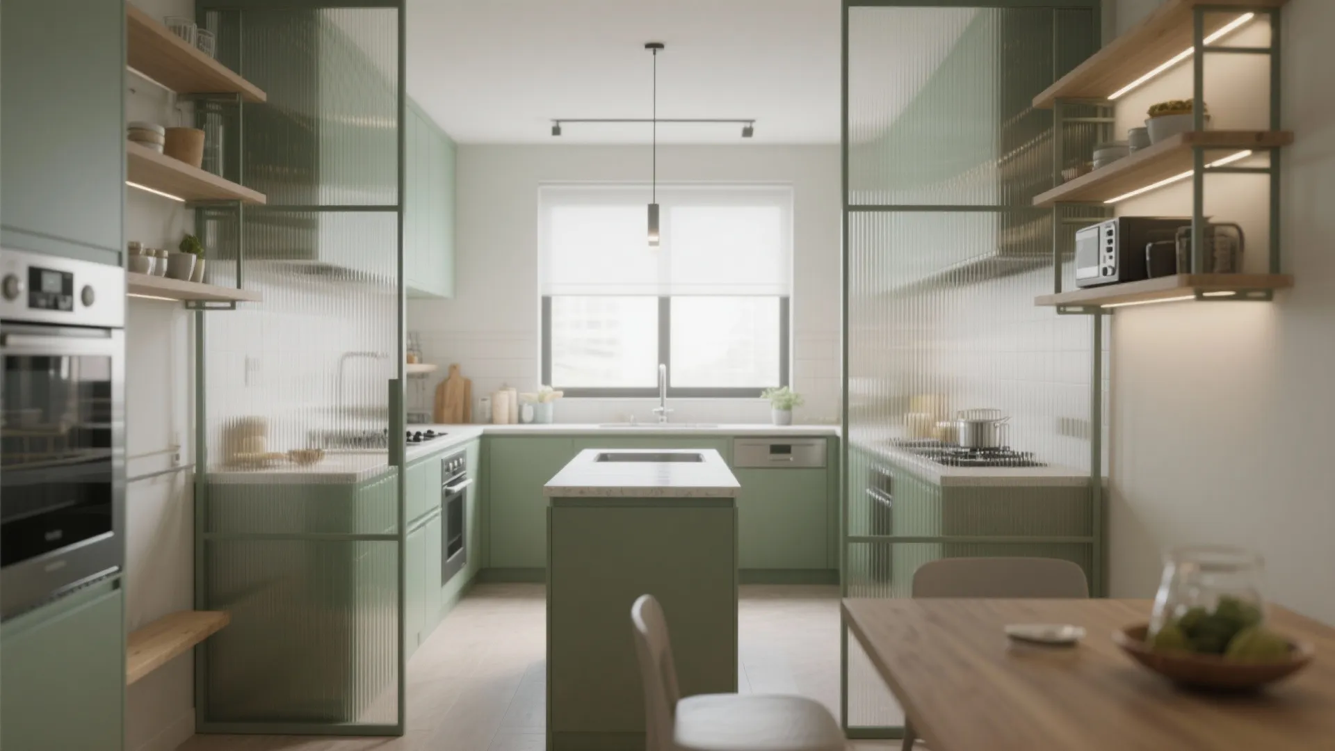 Modern green kitchen with island sink wooden shelves glass doors and simple black ceiling light