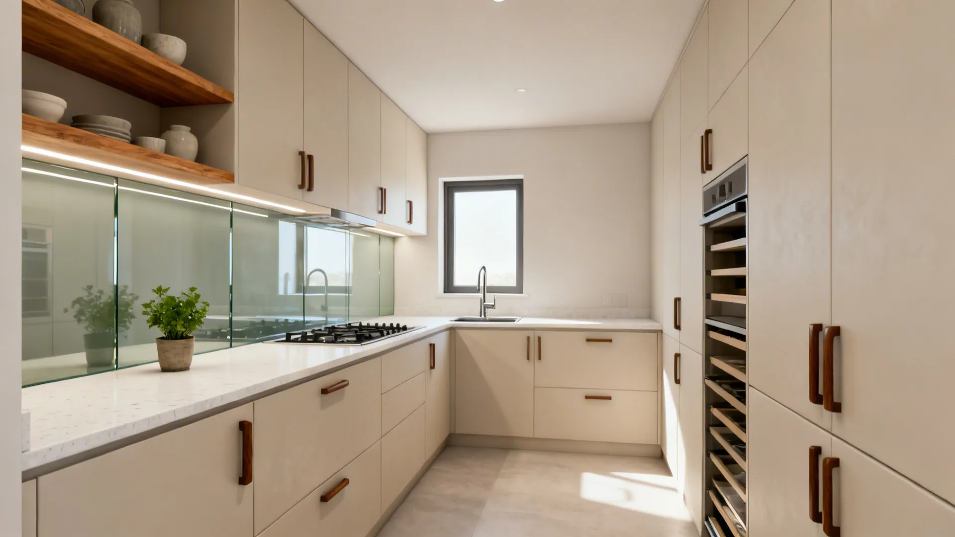 Modern L-shaped kitchen with cream cabinets wooden handles white stone countertop gas stove and sink