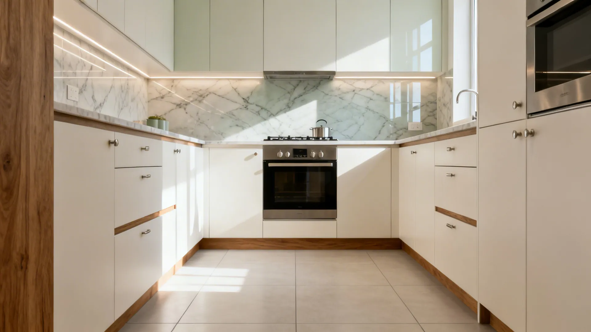 White kitchen with marble wall panel and silver oven plus white cabinets and natural light