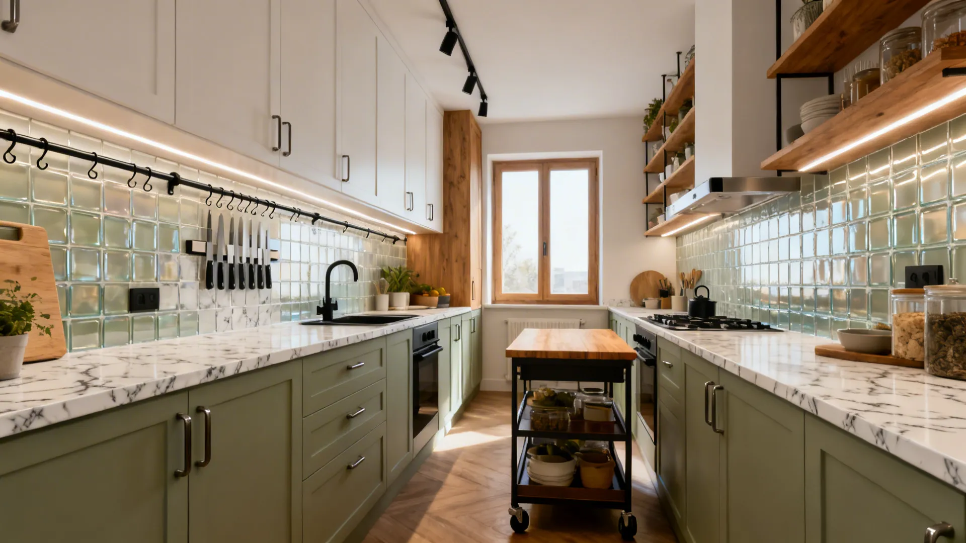 Modern narrow kitchen with green bottom cabinets white wall cabinets marble counters and small rolling cart