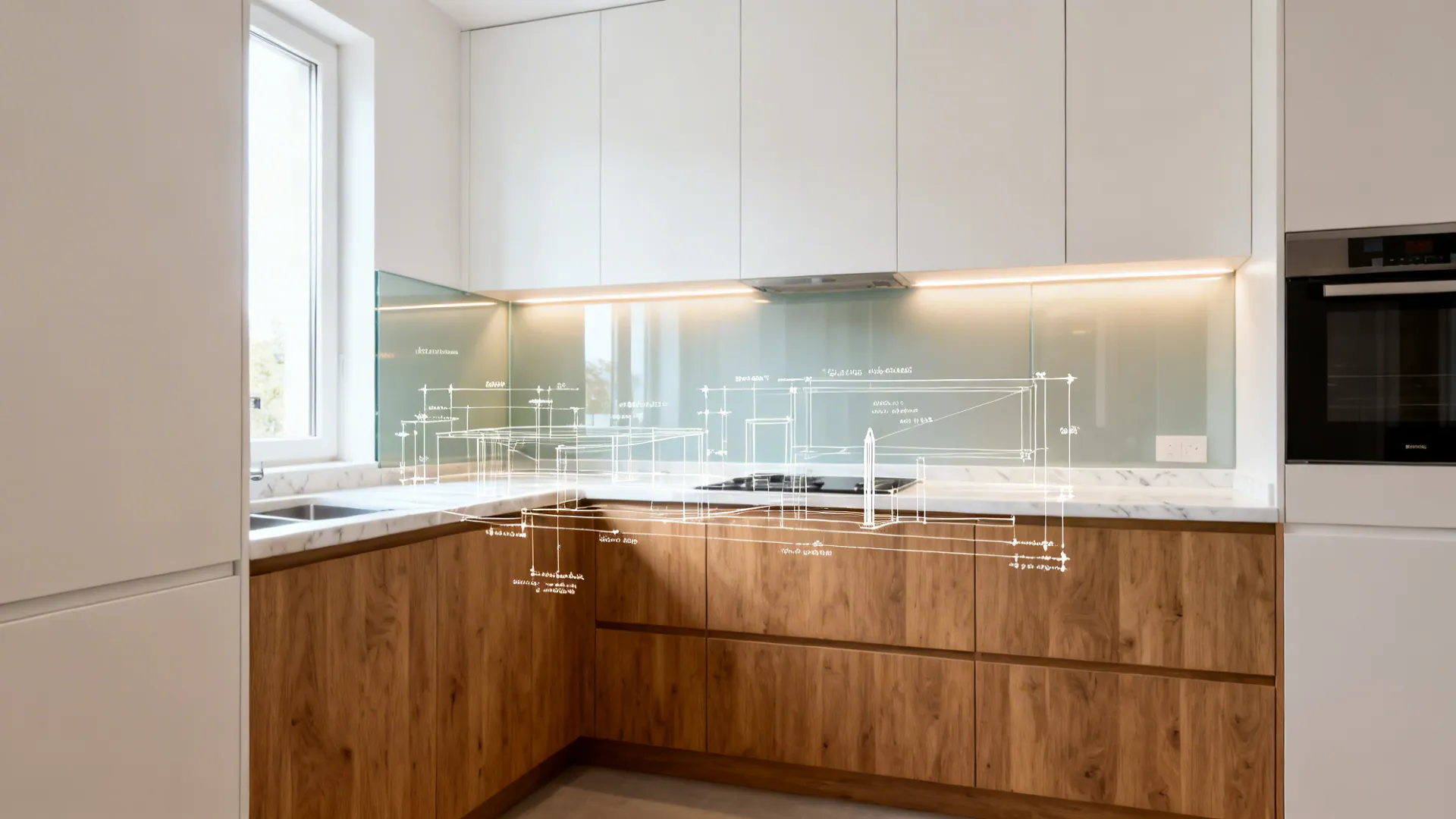 L-shaped kitchen with wooden lower cabinets white upper cabinets and a digital interior design drawing
