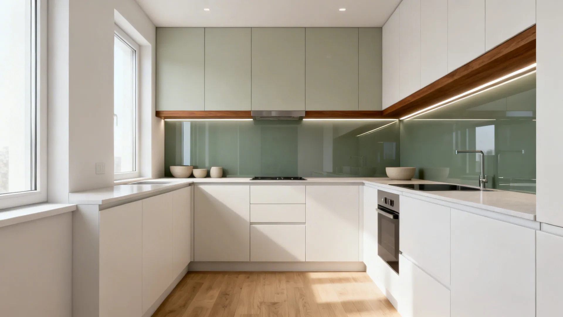 Modern white kitchen with green wall panels wood flooring large window and bright natural light