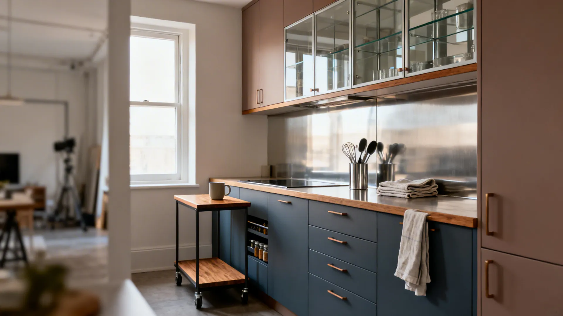 Modern kitchen with blue lower cabinets wooden countertop glass wall cabinets and a rolling cart