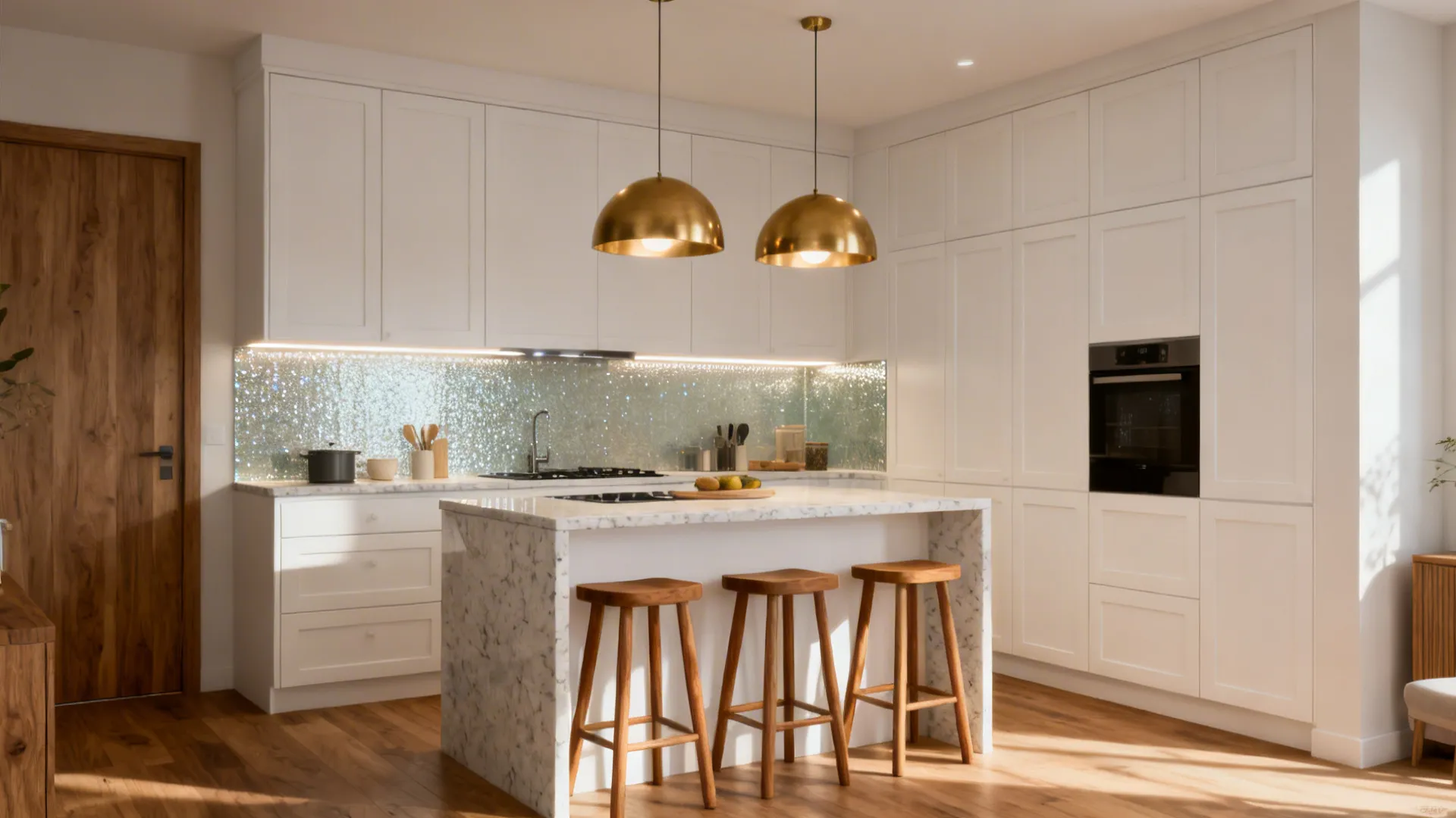 Modern white kitchen featuring marble island three wooden stools two gold ceiling lights and wooden floor