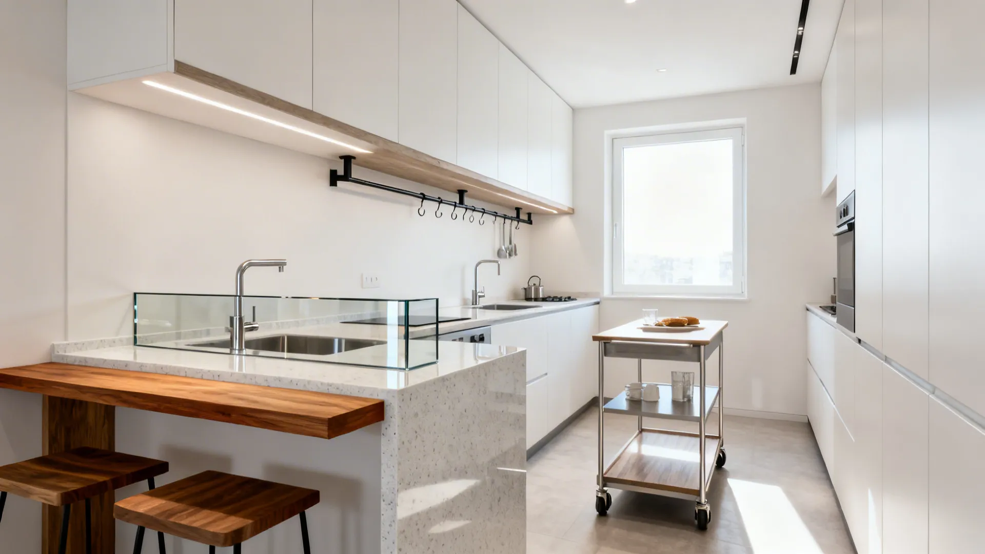 Modern white kitchen with wooden breakfast bar stools marble countertops and a metal rolling kitchen cart