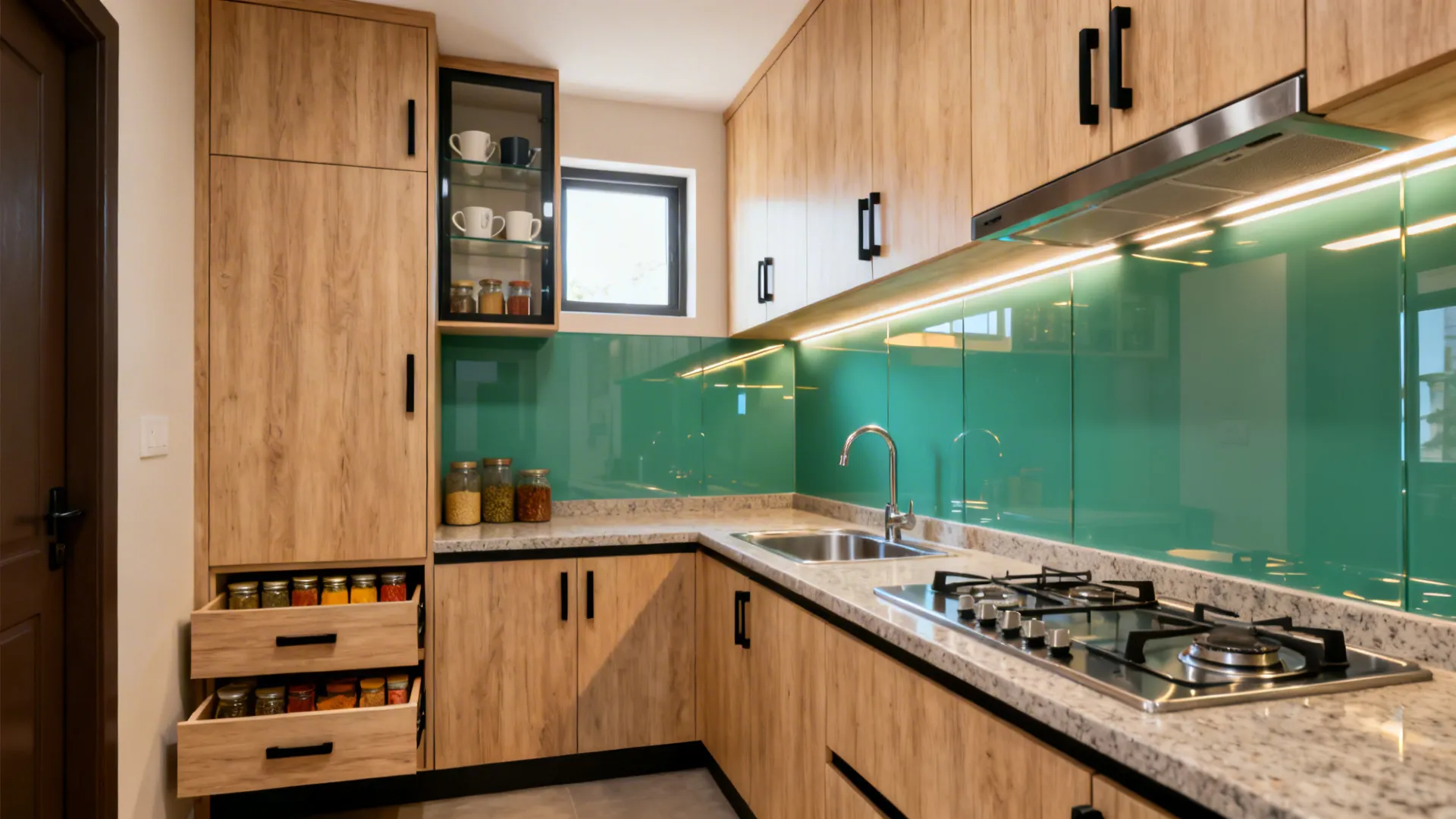 Modern L-shaped kitchen with wood cabinets green glass wall panels gas stove and under cabinet lights