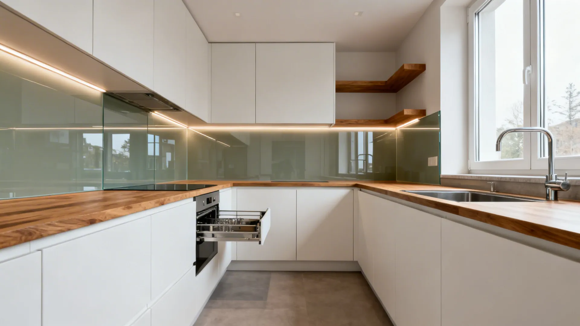 Modern white kitchen with wood countertop glass wall panel light fixture sink window and oven