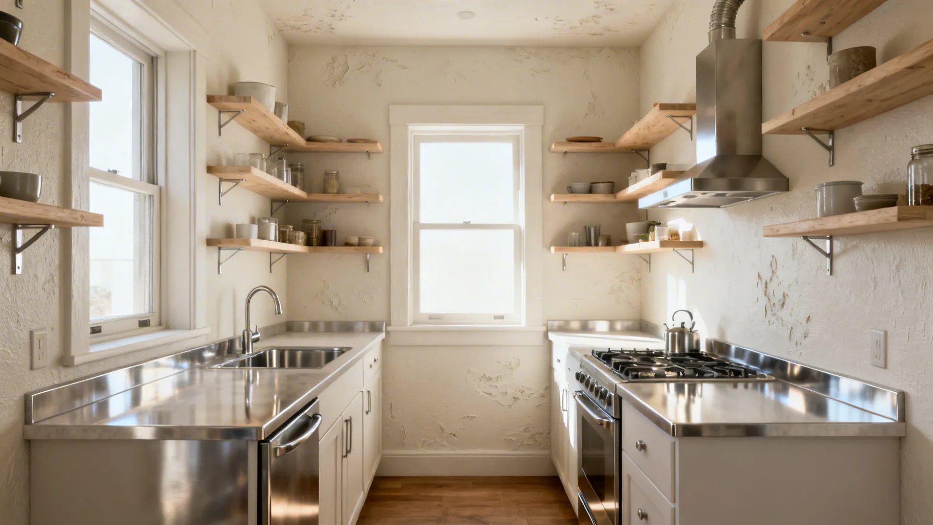 Small narrow kitchen with stainless steel counters white cabinets wooden shelves and a bright window