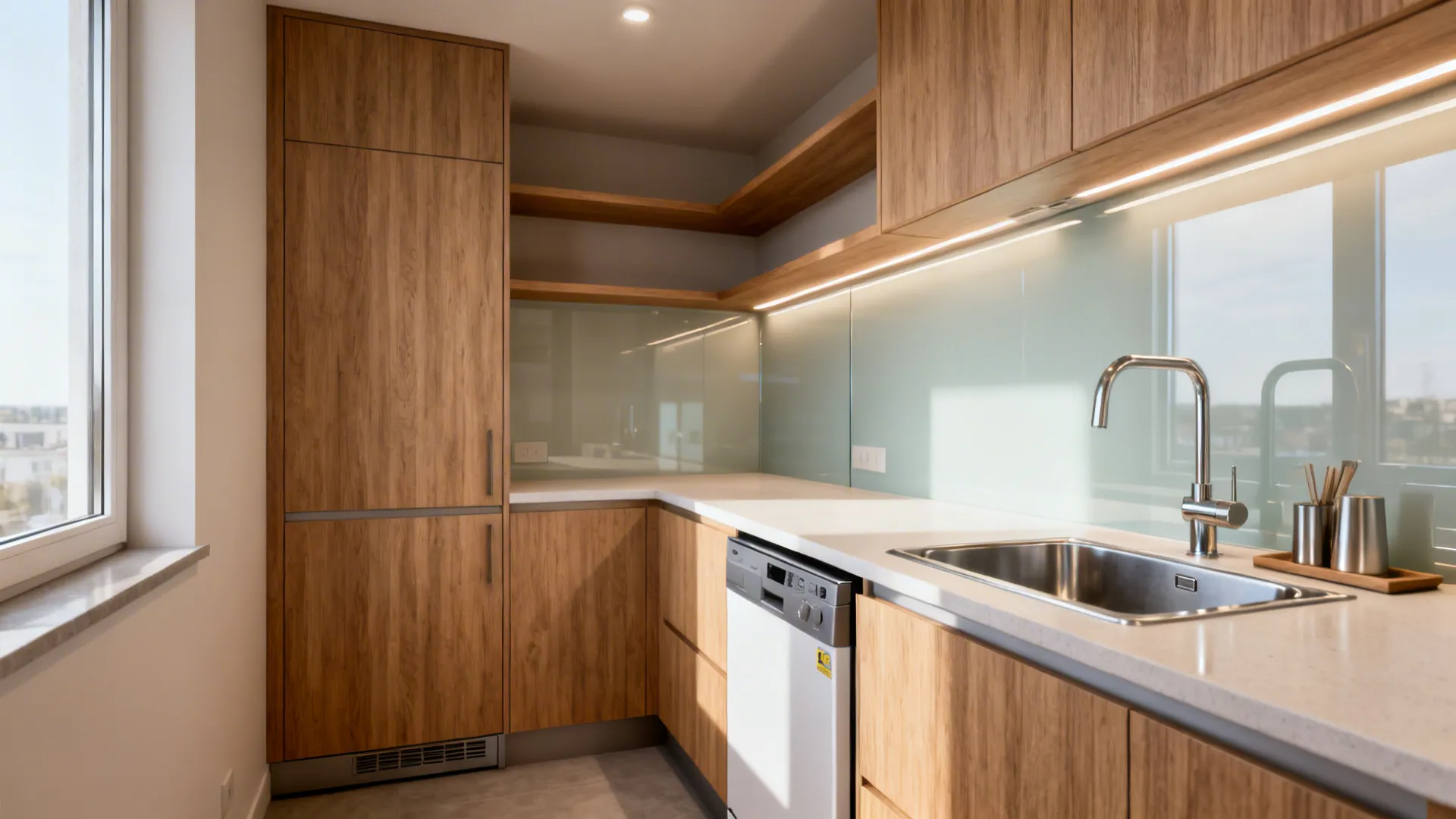 Small modern kitchen featuring tall wooden cabinets white countertops sink dishwasher and open wall shelves