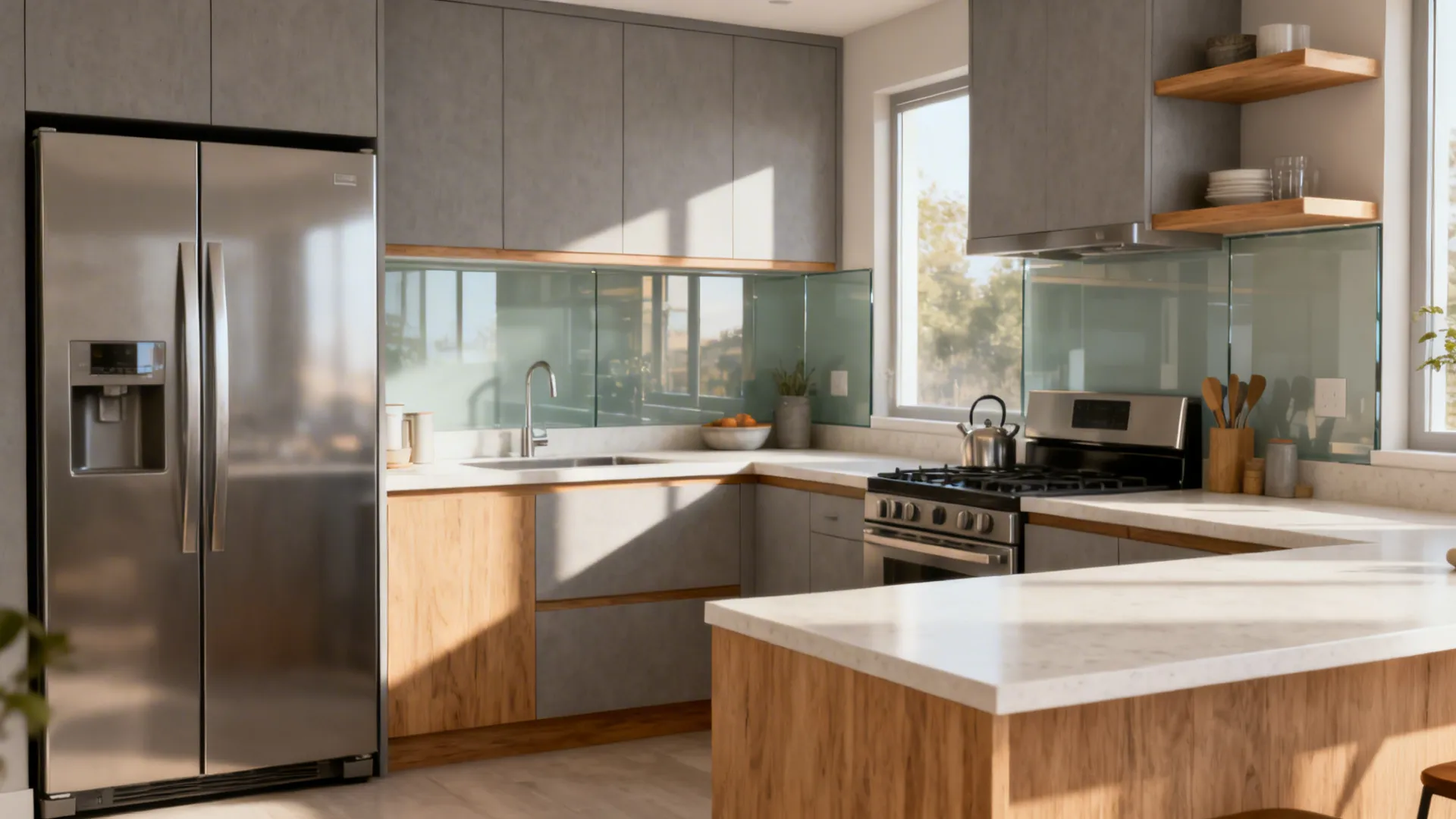 Modern kitchen with grey cabinets wood accents stainless steel refrigerator and bright natural light from windows