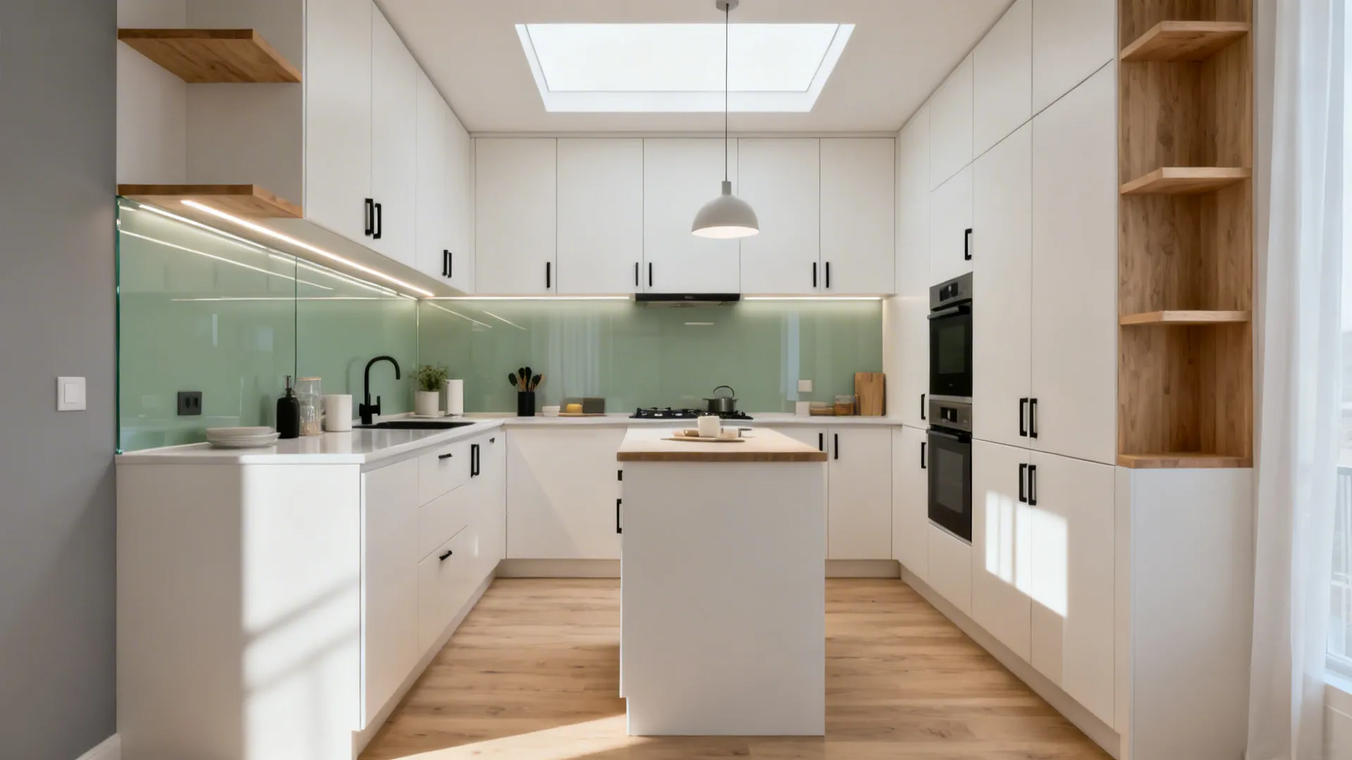 Modern white kitchen featuring center island wooden floor green backsplash ceiling light and wall oven