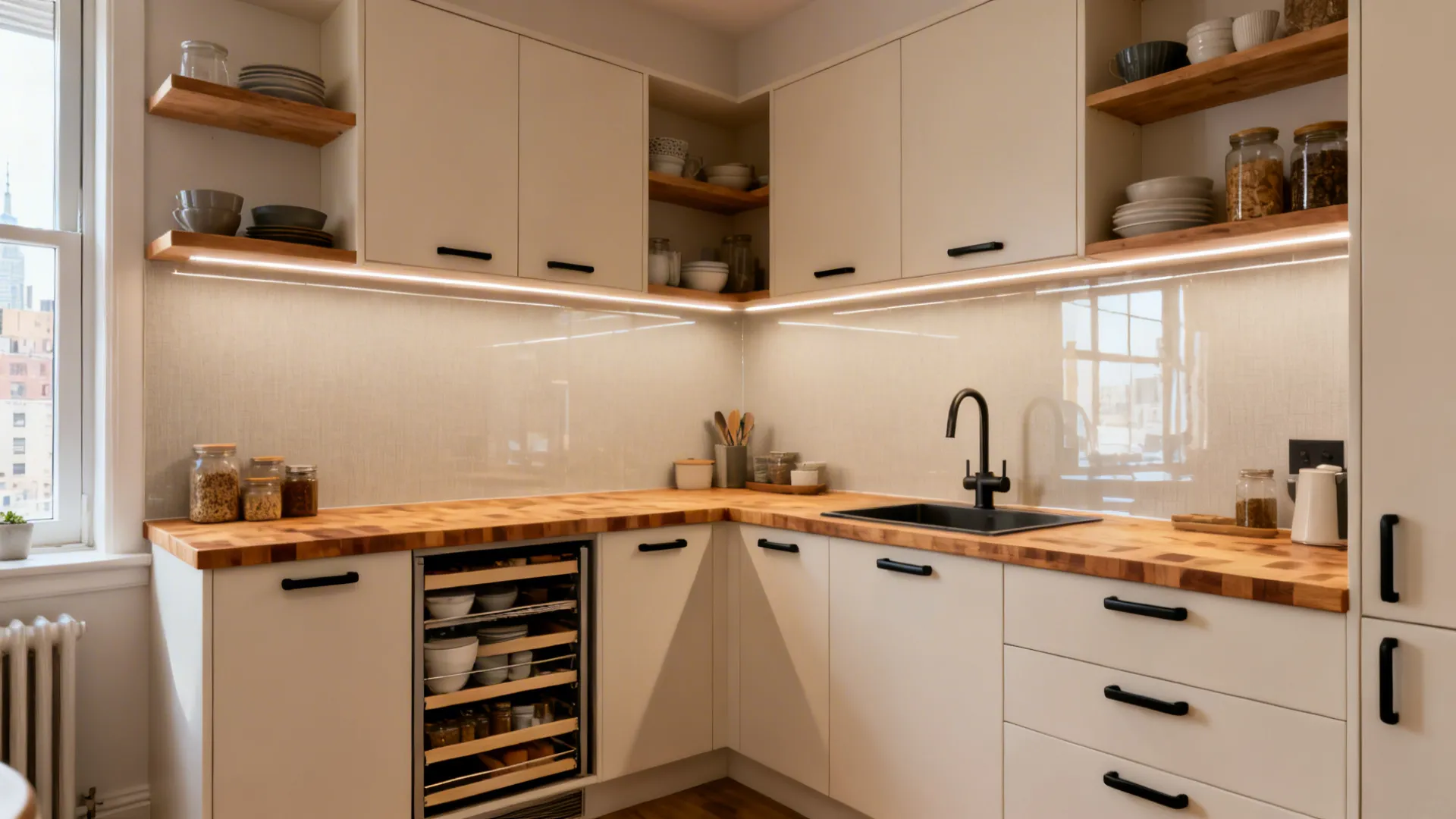 L-shaped kitchen featuring white cabinets, wood countertops, black sink, under-cabinet lighting, and city window view