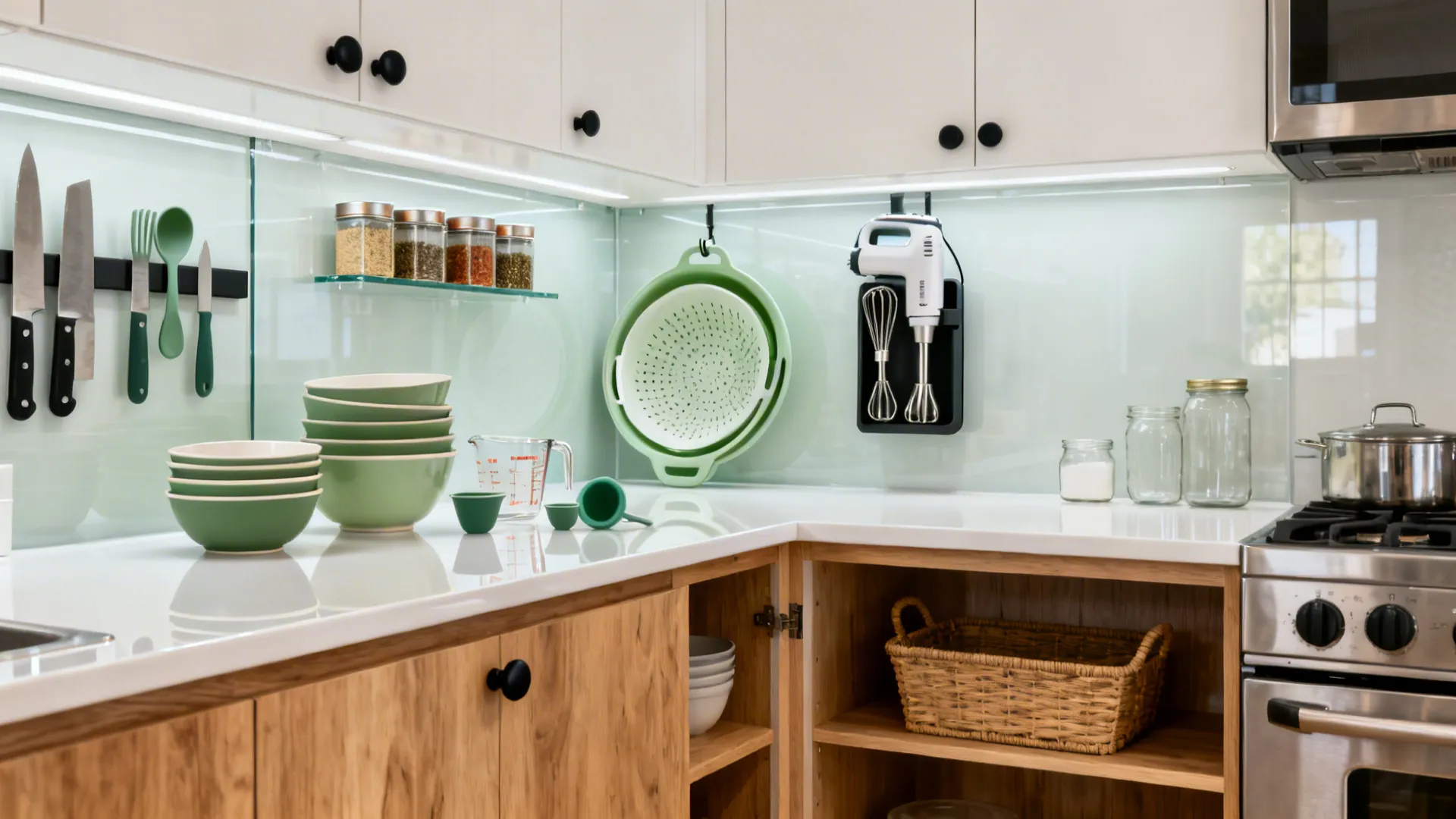 Bright kitchen corner with white countertops wooden cabinets stacked green bowls and wall mounted tools