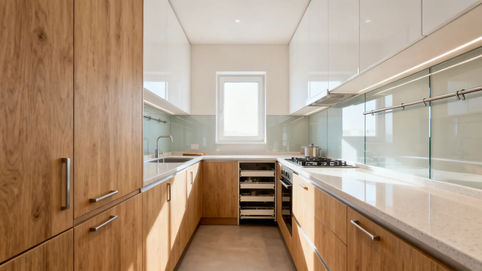 Small kitchen with wood cabinets white upper cabinets a window and bright sunlight on floor