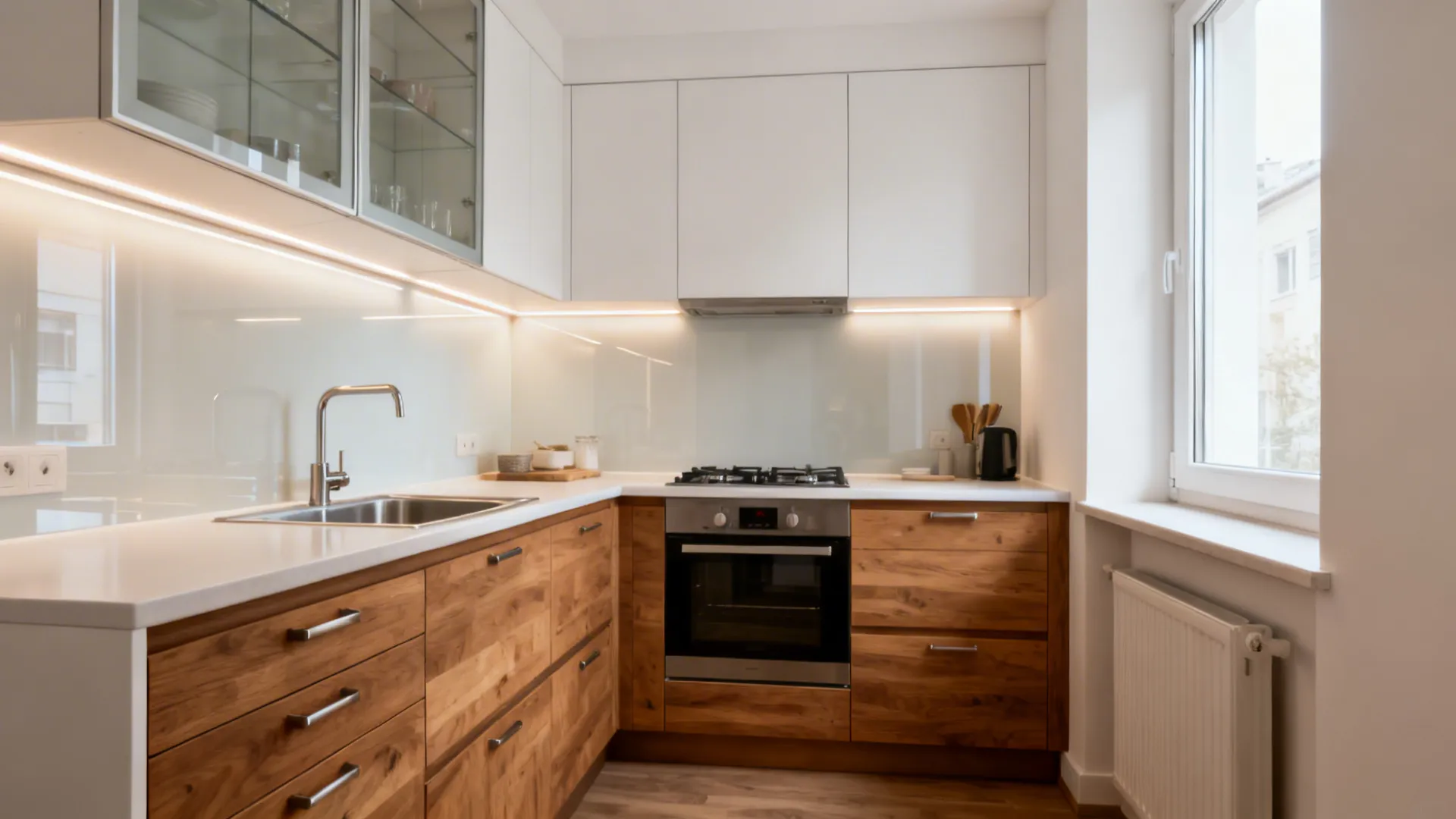 Small kitchen with white top cabinets wood bottom cabinets oven sink and under cabinet lights