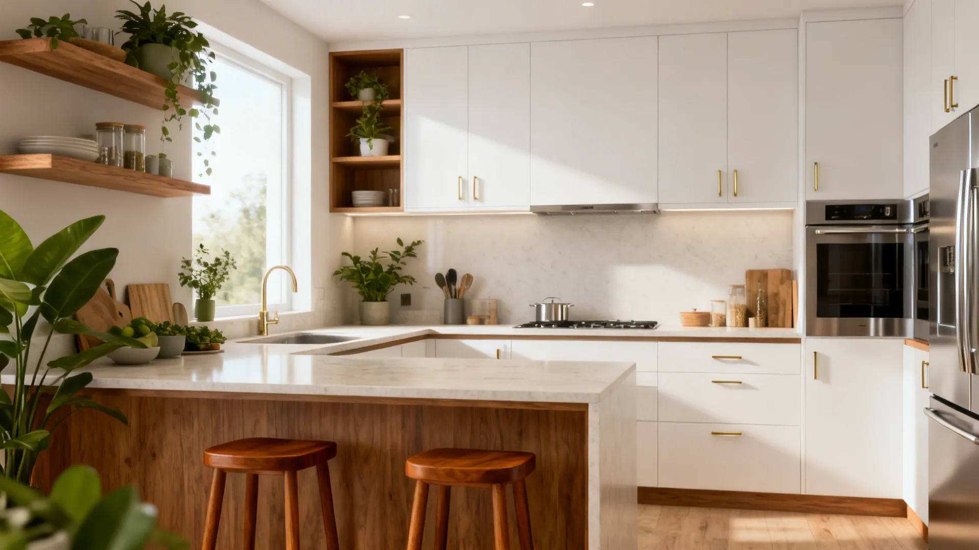 Modern white kitchen with wooden stools marble counter gold faucet green plants and wall oven